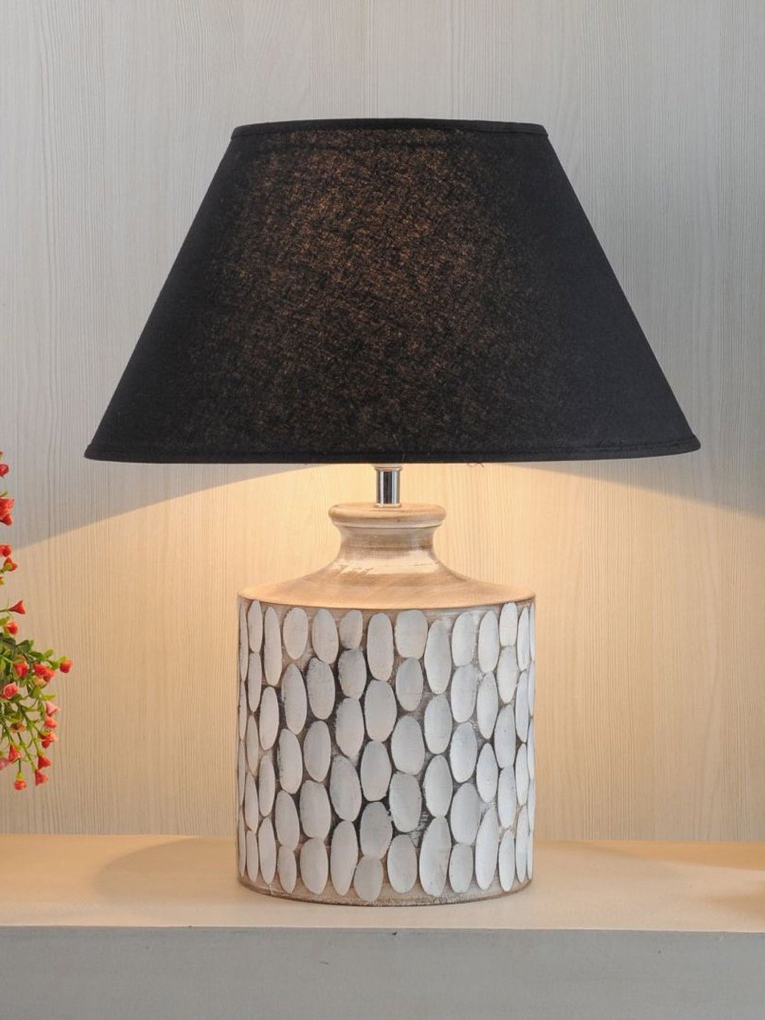Kapoor Lamp Shades Distress White & Black Wood Garlen Carved Cotton Shade Table Lamp