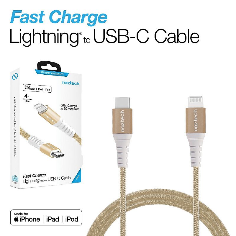 Naztech 4 ft. Braided Fast Charge MFi Lightning to USB-C Cable, Gold HPL14115