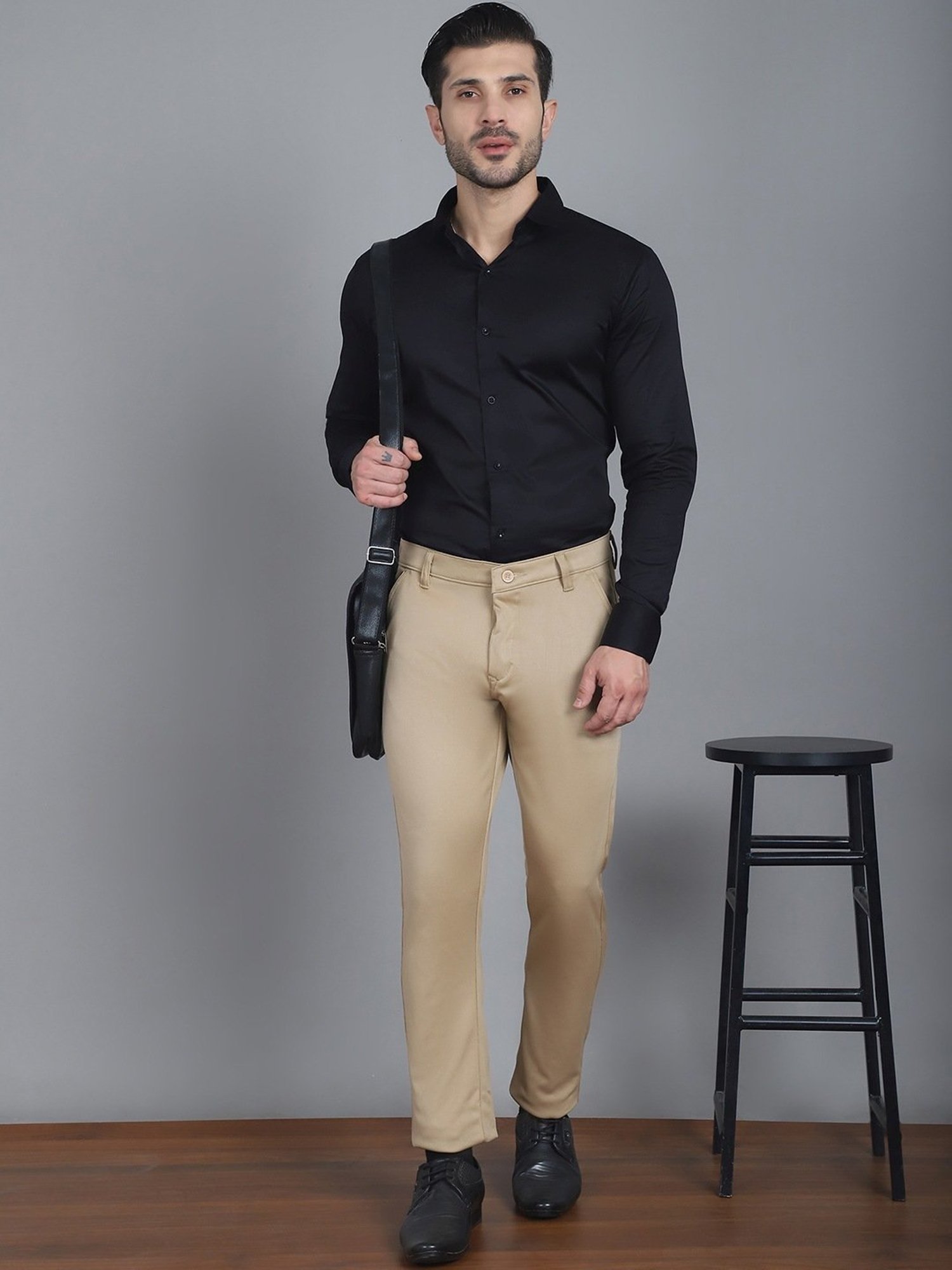 Jainish Beige Tapered Fit Texture Trousers