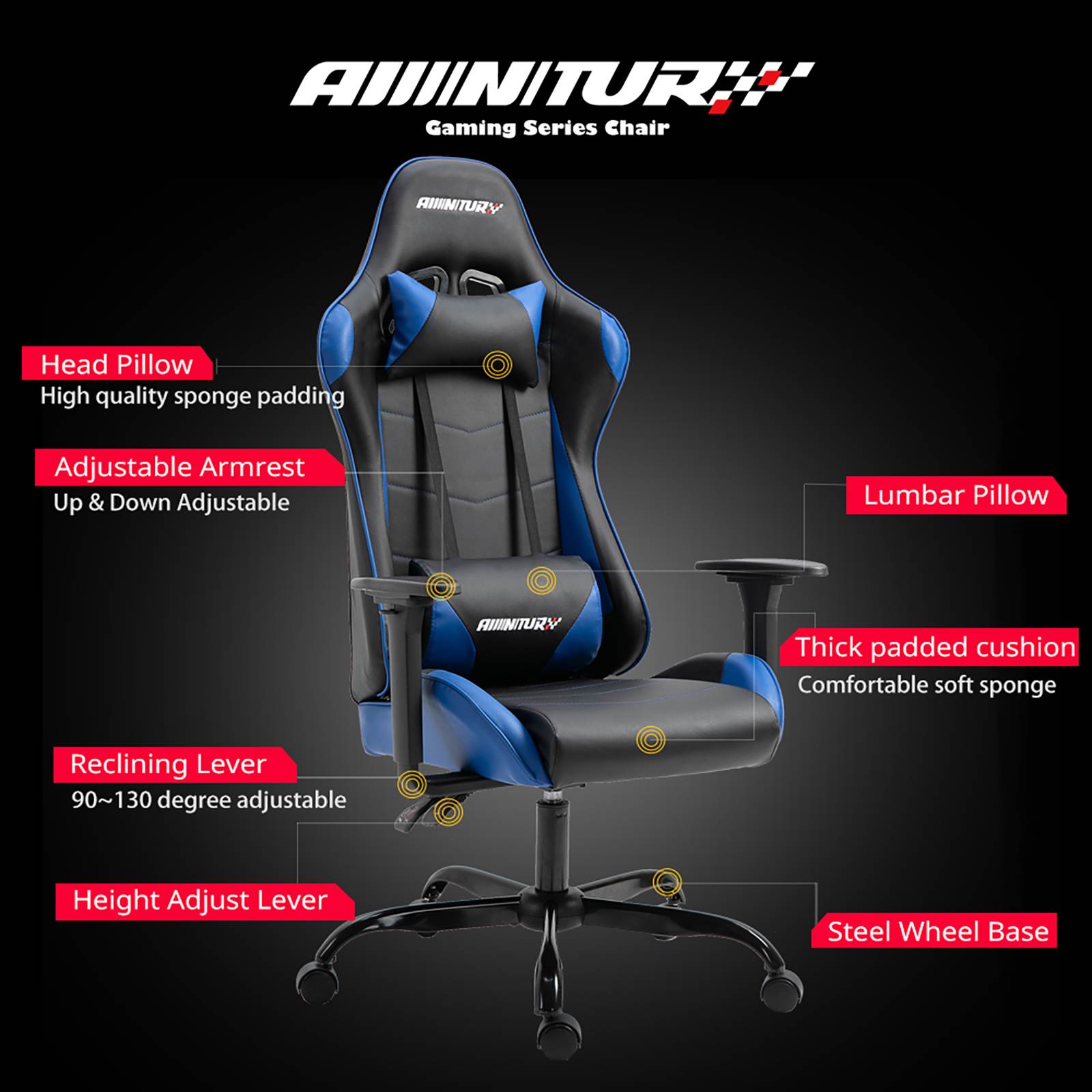 AMINITURE Gaming Chair Racing Style High Back Office Chair Seat Computer Game Chair Height Adjustment Swivel Recliner with Headrest and Lumbar Support