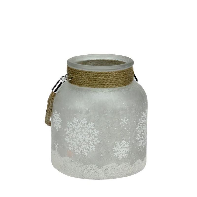 Northlight 6.25" Iced with Glittered Snowflakes Pillar Candle Holder Lantern with Handle - White