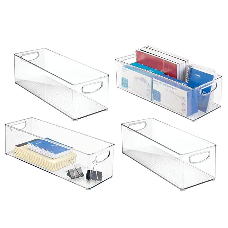 Large Stackable Plastic Storage Bin Container, Home Office Desk and Drawer Organizer Tote with Handles - Holds Gel Pens, Erasers, Tape, Pens, Pencils, Markers - 16" Long, 4 Pack - Clear