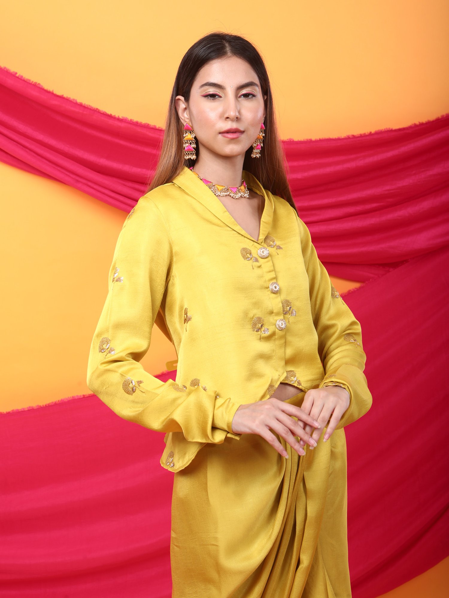 Monk & Mei Gulabo Dhoti and Jacket Co-ordSet-Canary Yellow