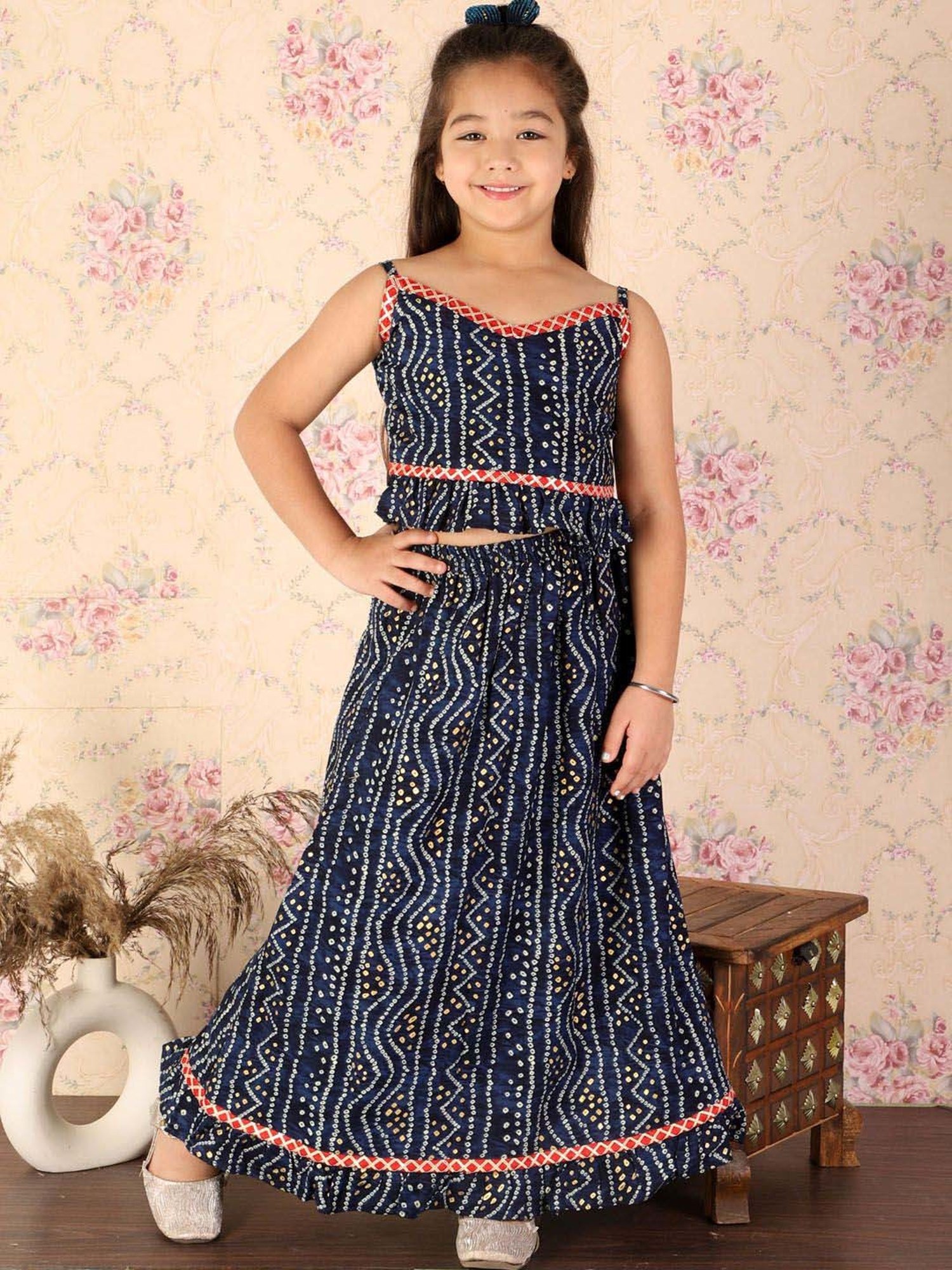 A Little Fable Kids Blue Printed Lehenga with Choli & Dupatta
