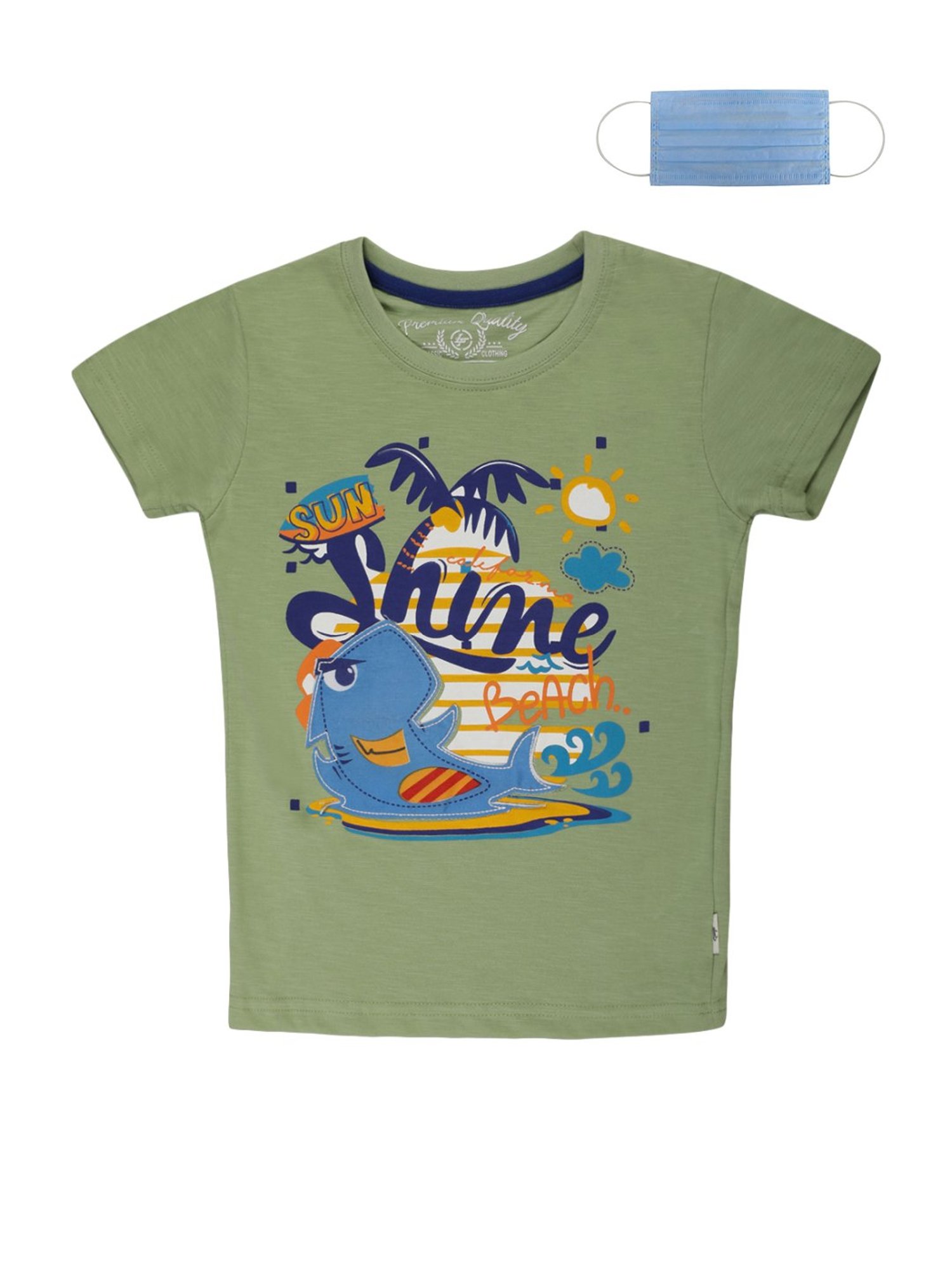 Li'l Tomatoes Kids Sea Green Cotton Printed T-Shirt & Mask