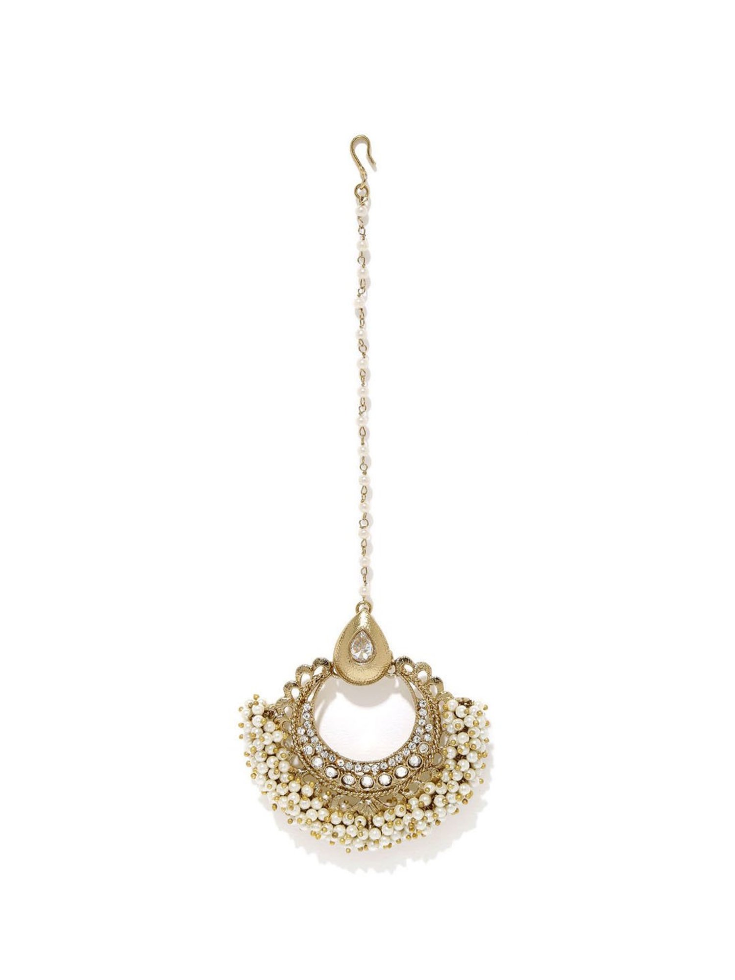 Fida Off White Beads Stones Gold-Plated Crescent Maang Tikka for Women