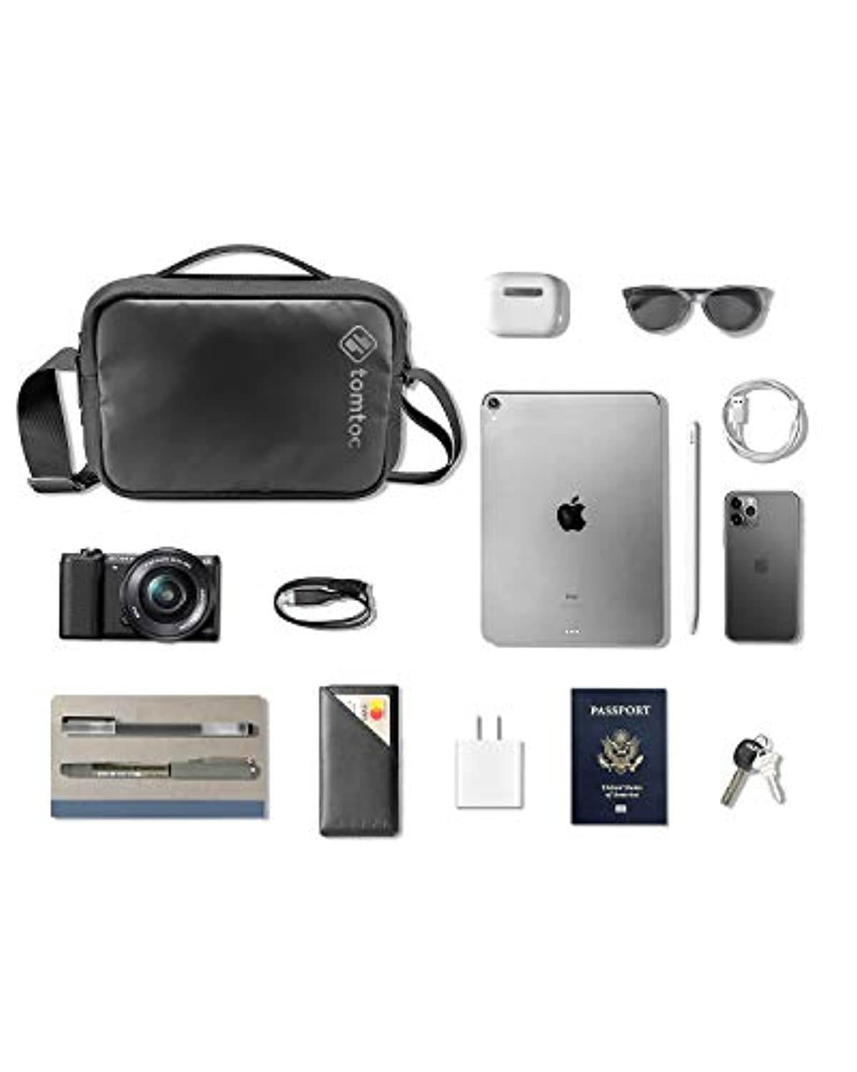 tomtoc Men's Shoulder Bag with Smart Organization for Electronic Accessories, Messenger Bag Fit 7.9 iPad Mini, Waterproof Crossbody Bag Travel Storage for Switch/iPhone/Cable/Power Bank (H02-A02D)