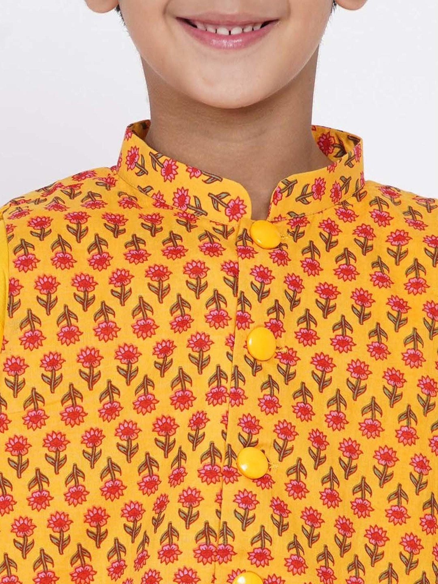 Little Bansi Kids Yellow & Pink Cotton Floral Print Full Sleeves Kurta Set