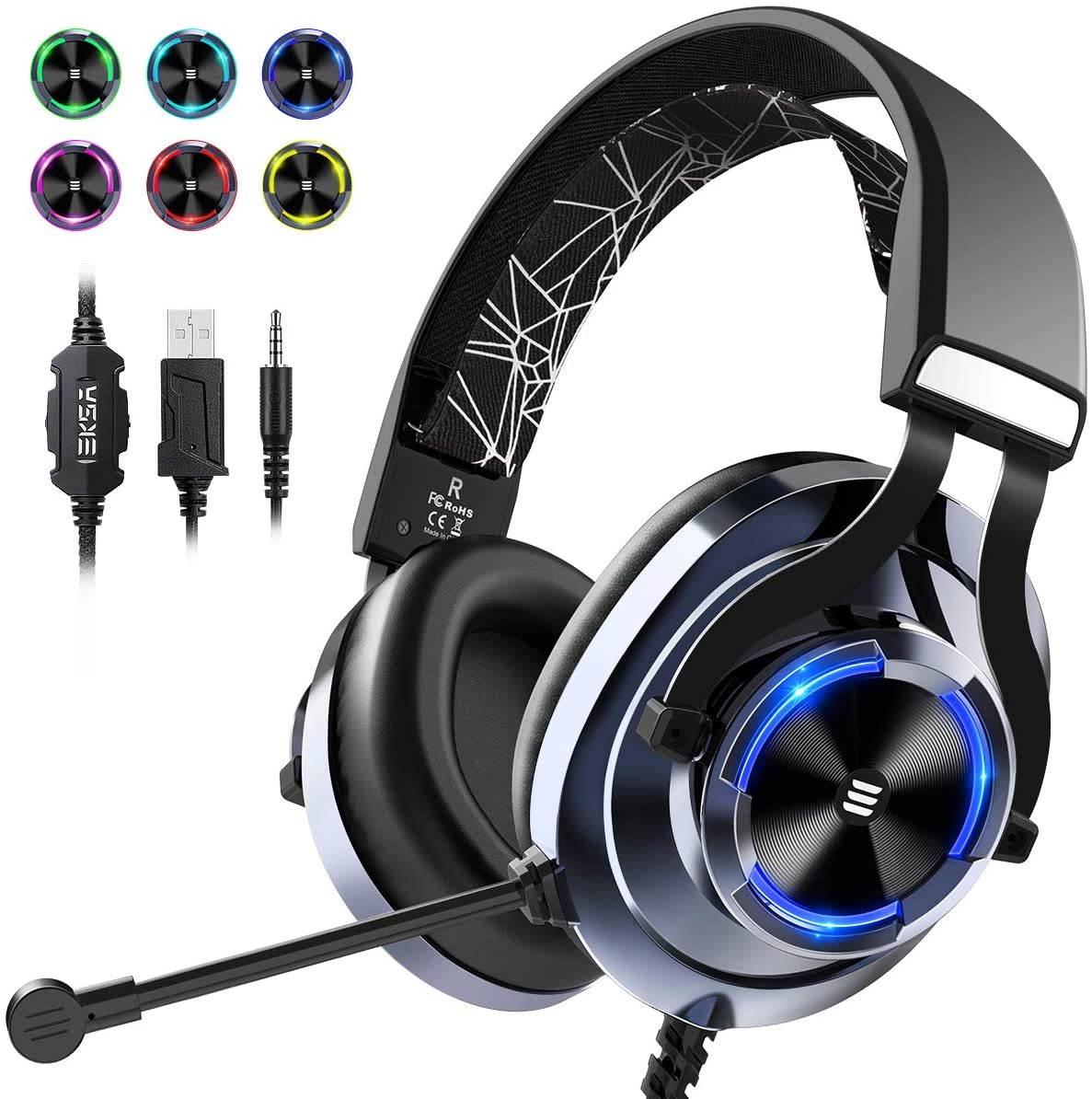 EKSA E3000 USB Gaming Headset PS4 Xbox One Headset with Noise Cancelling Mic & RGB Light - Gaming Headphones for PC, Laptop, Xbox One Controller (Adapter Not Included), PlayStation 4, Nintendo Switch
