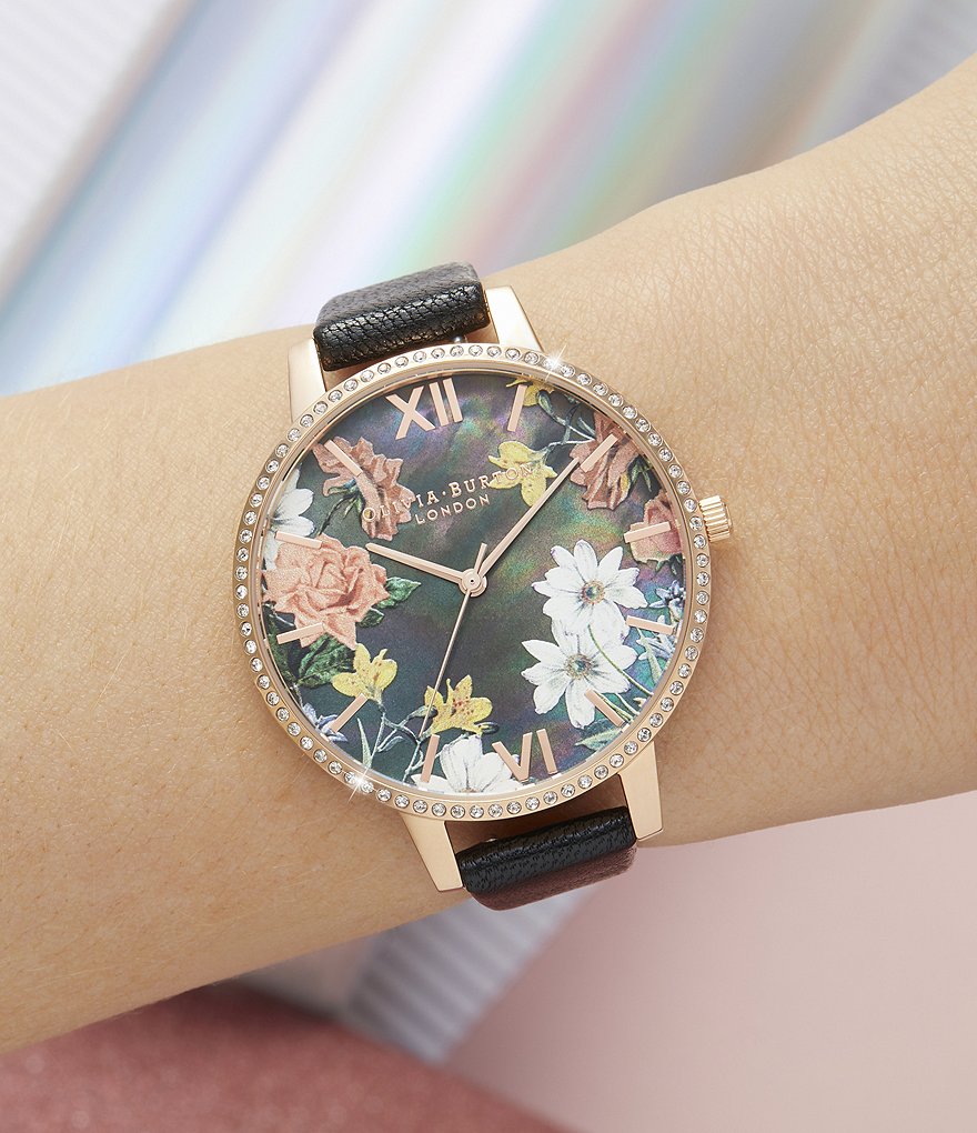 Olivia Burton Big Mother Of Pearl Dial Black & Rose Gold Watch