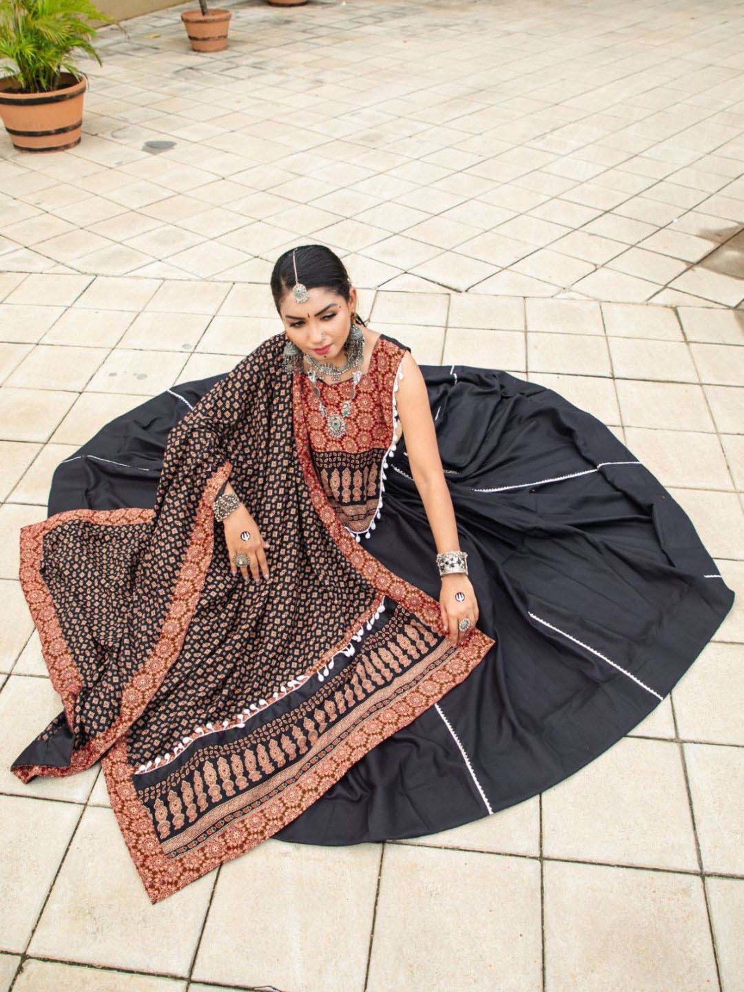 Odette Black Cotton Lehenga Choli Set With Dupatta