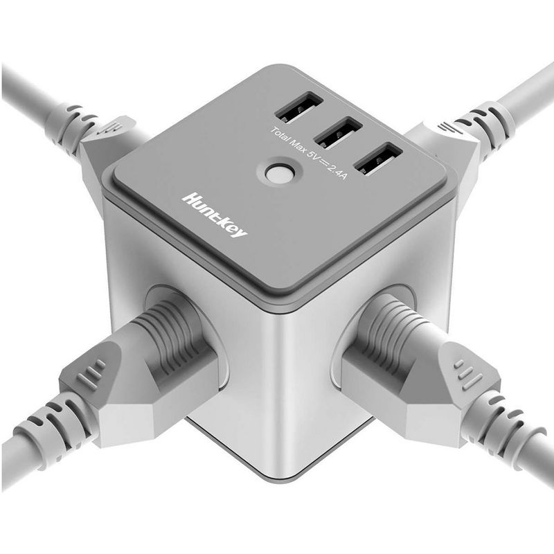 Huntkey 4 x SMC007 Surge Protecting Multiport Electrical Outlet Extender/Adapter Cube with 4 AC Plugs and 3 USB Charger Ports, White/Grey (4 Pack)