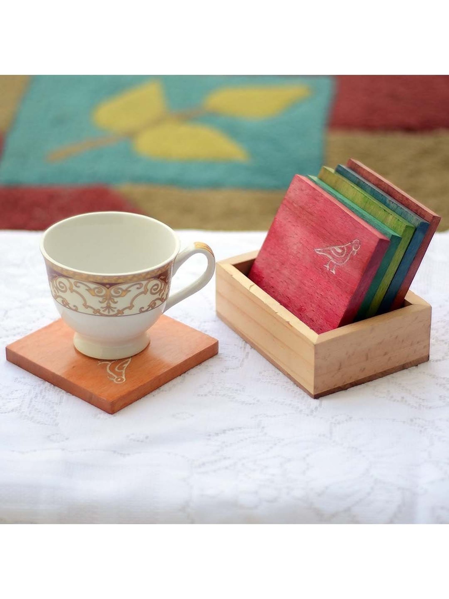 Unravel India Multicolor Wood Coaster with Base Stand - Set of 6