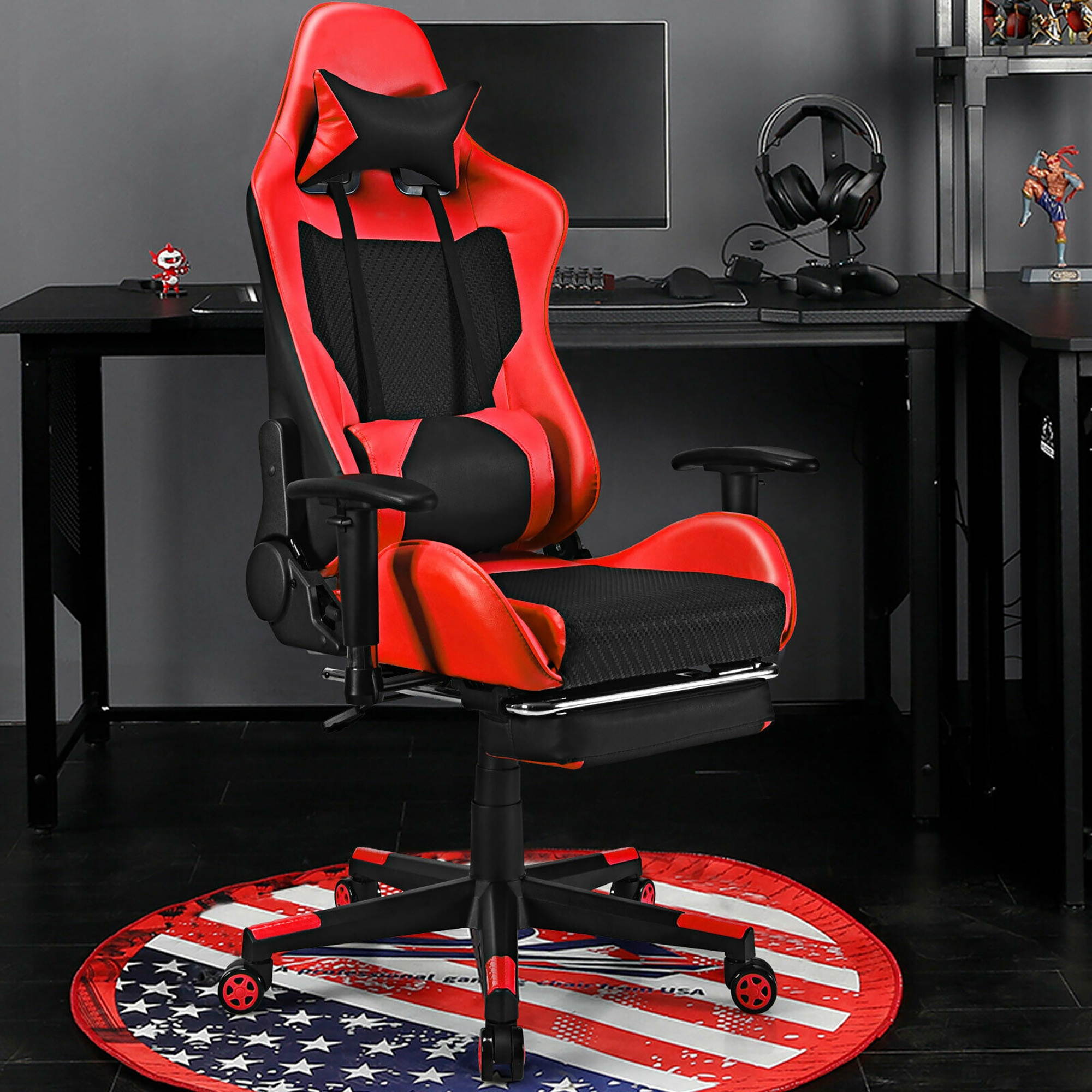 Costway Massage Gaming Chair Reclining Racing Office Computer Chair with Footrest Red