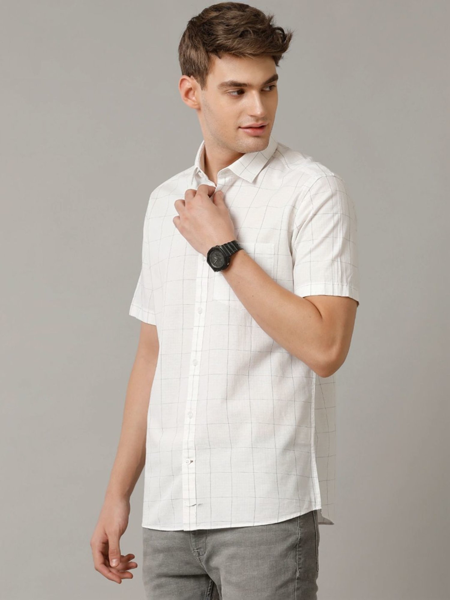 Cavallo By Linen Club White Linen Contemporary Fit Checks Shirt