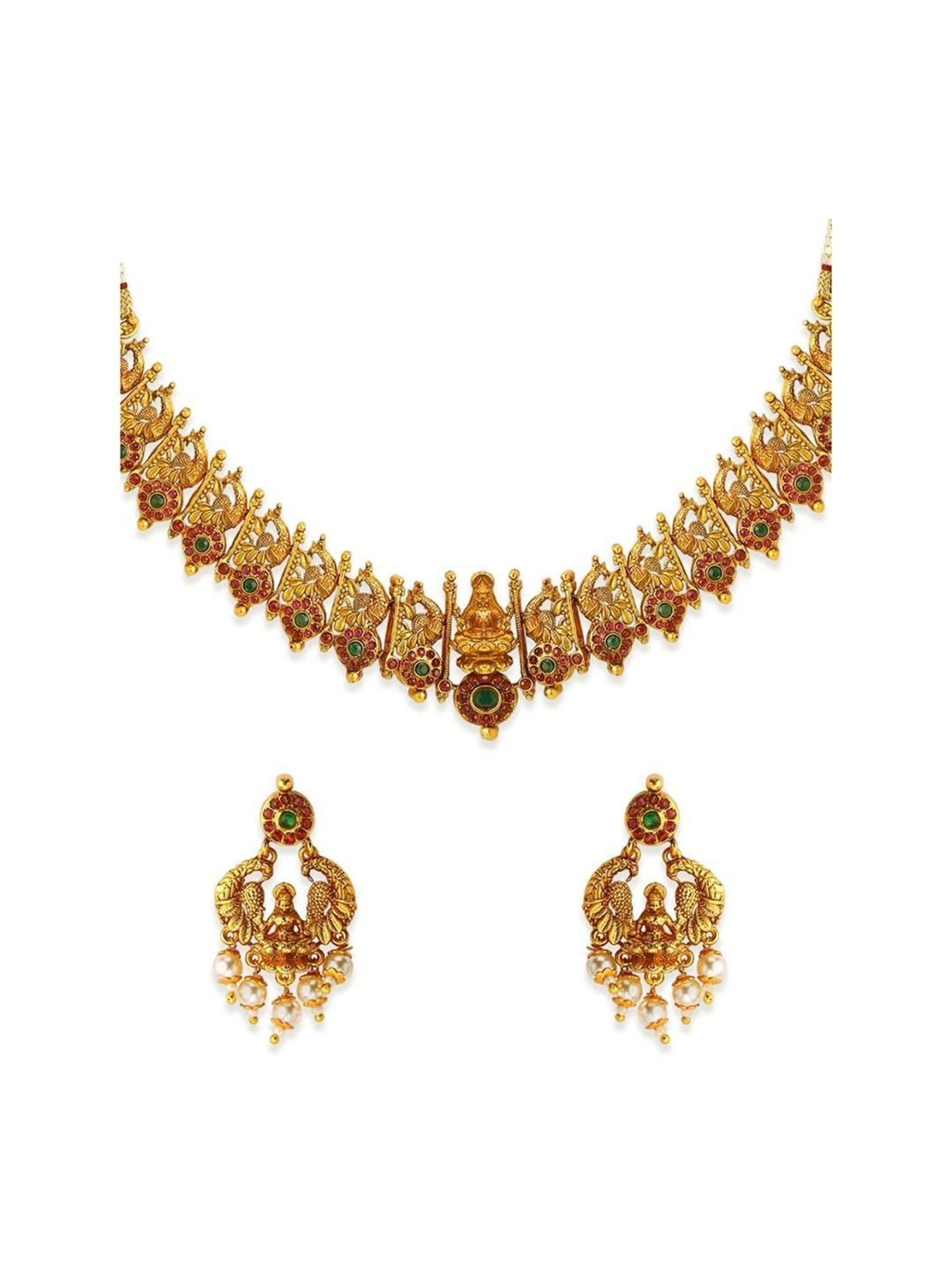OOMPH Antique Gold Tone Red & Green Stone & Beads Choker Necklace Set for Women