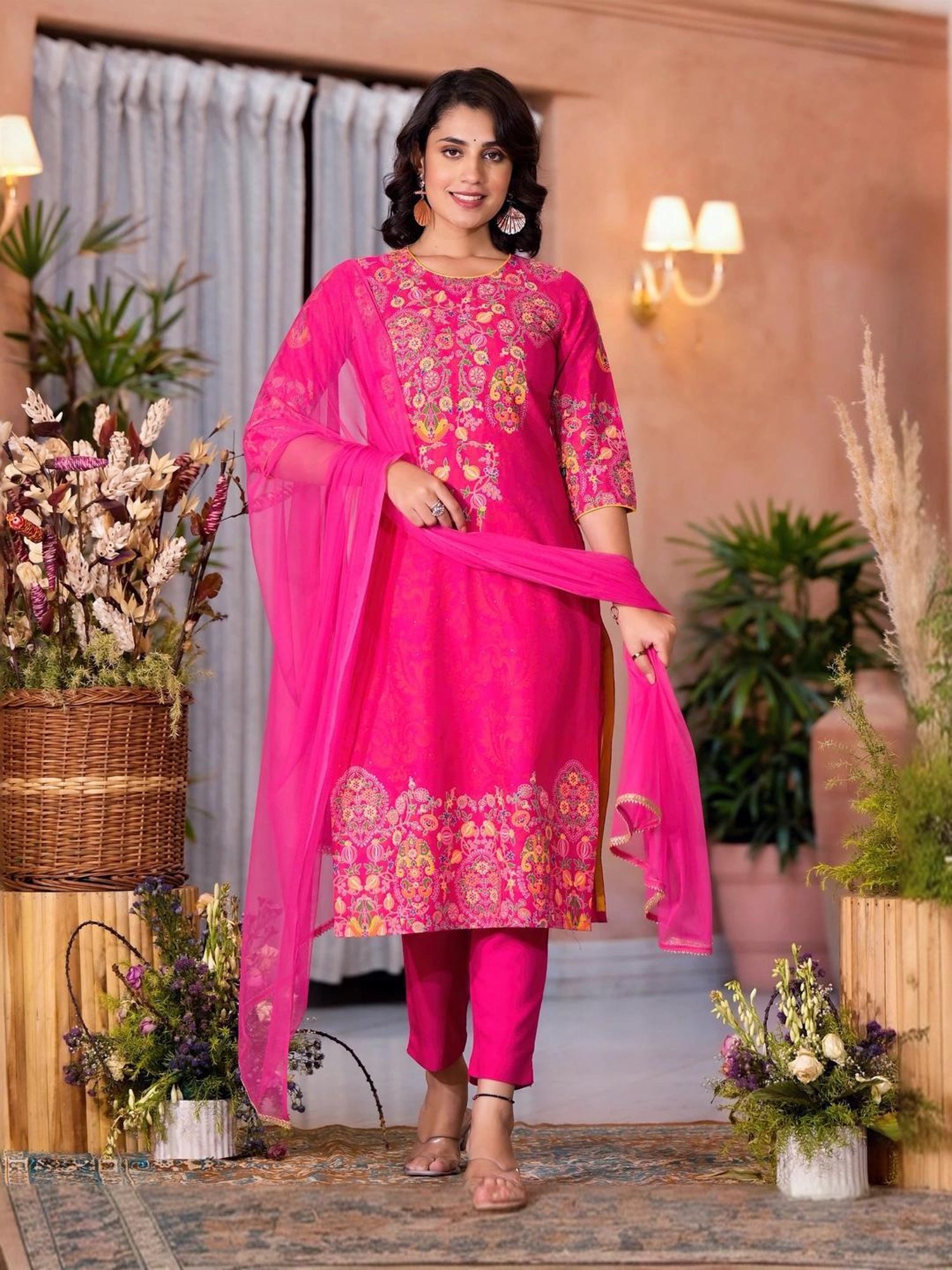 Juniper Pink Embroidered Kurta Pant Set With Dupatta
