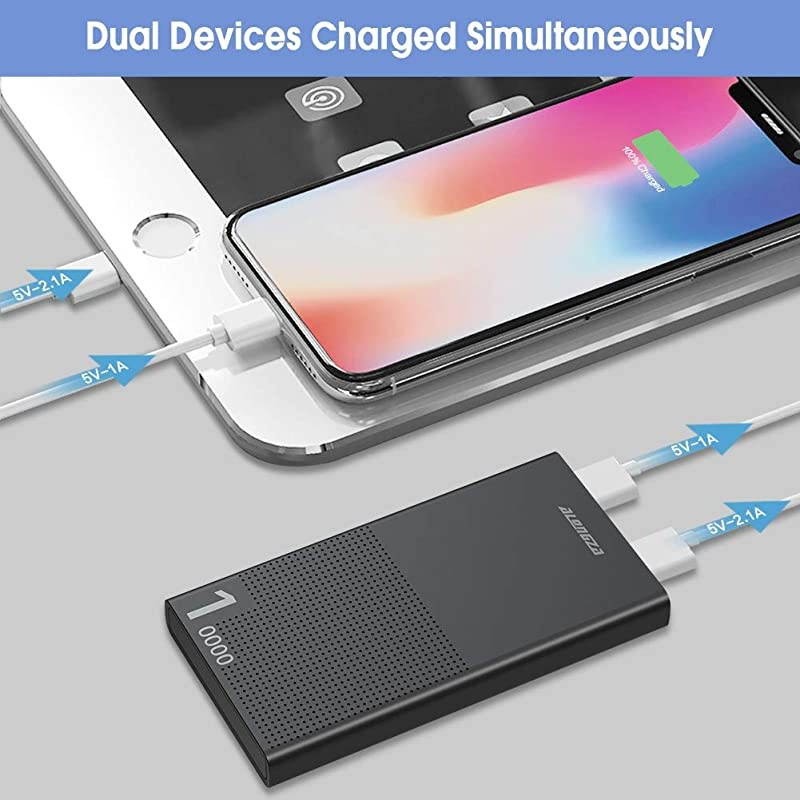 Compact 10000mAh Portable Charger Cell Phone Battery Charger with Dual USB Ports High Capacity Backup Battery Charger External Battery Pack for iPhone Samsung Android and More