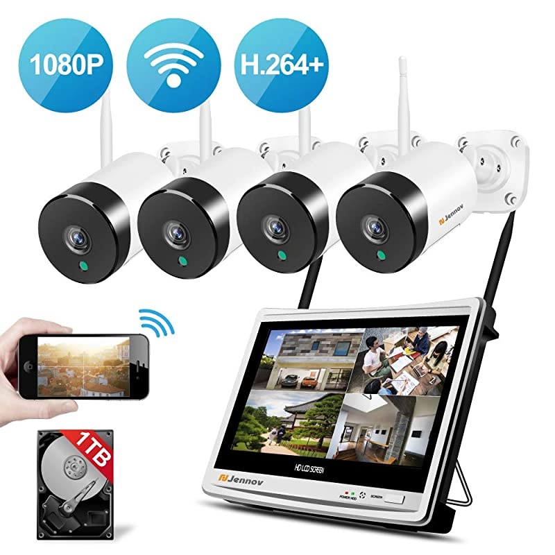 Security Camera System Wireless All in one with 12" Monitor,  4 Channel Wireless Home Security Camera System with 4PCS 2.0MP 1080P Indoor/Outdoor WiFi Security Camera 1TB Hard Drive Free App