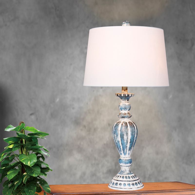 Distressed Candlestick Resin Table Lamp in Cottage Antique Blue  - Fangio Lighting
