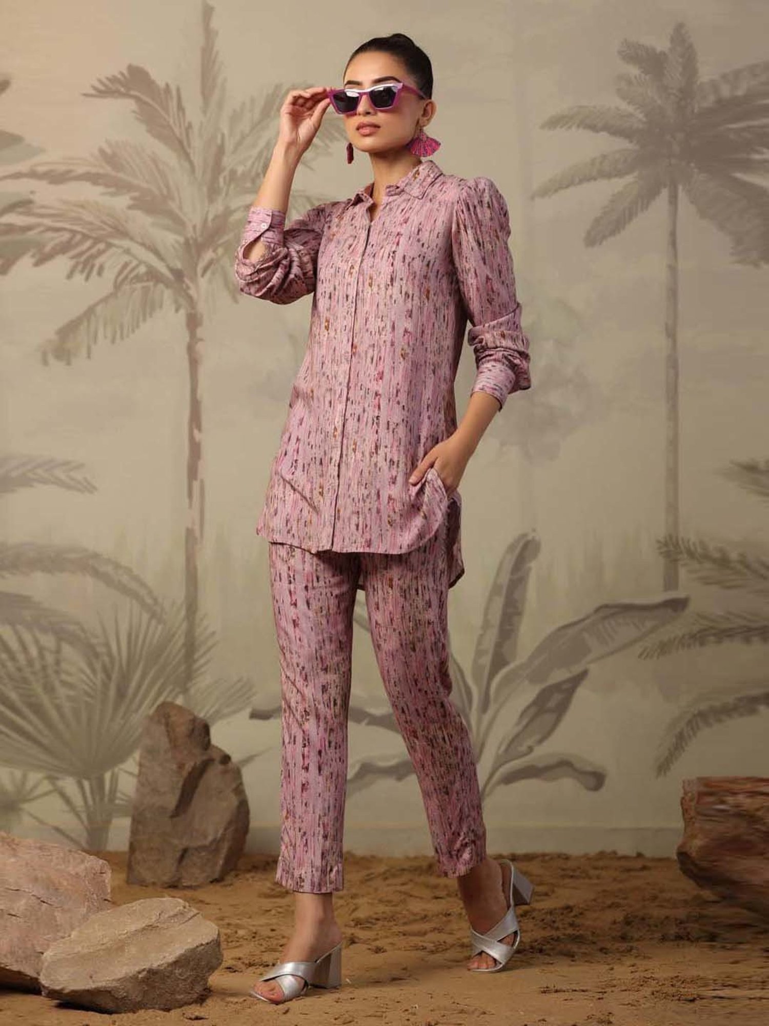 SCAKHI Purple Printed Tunic Pant Set