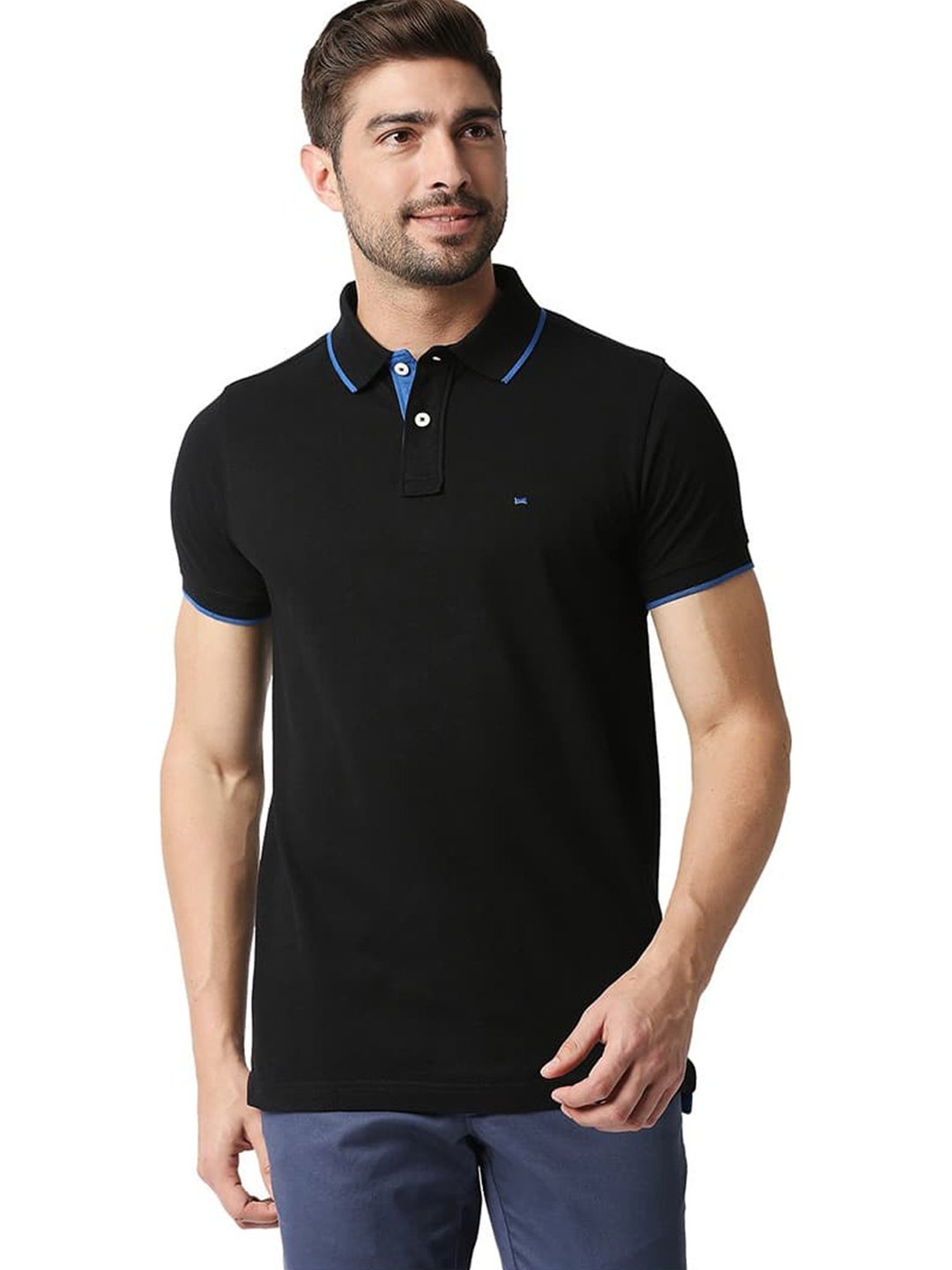 Basics Black Beauty Cotton Muscle Fit Polo T-Shirt