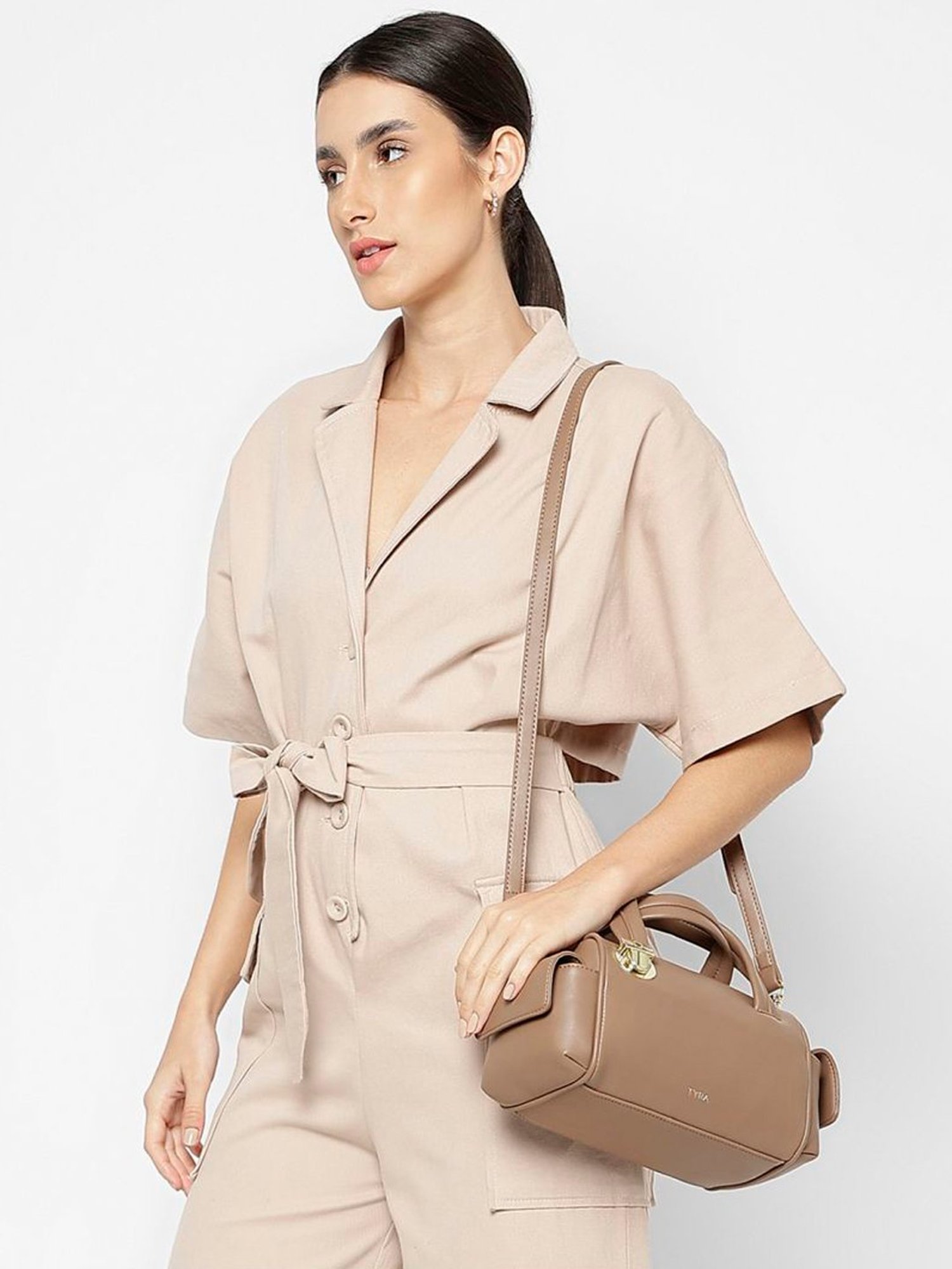 Tyra Sofia Taupe Solid Faux Leather Handbag