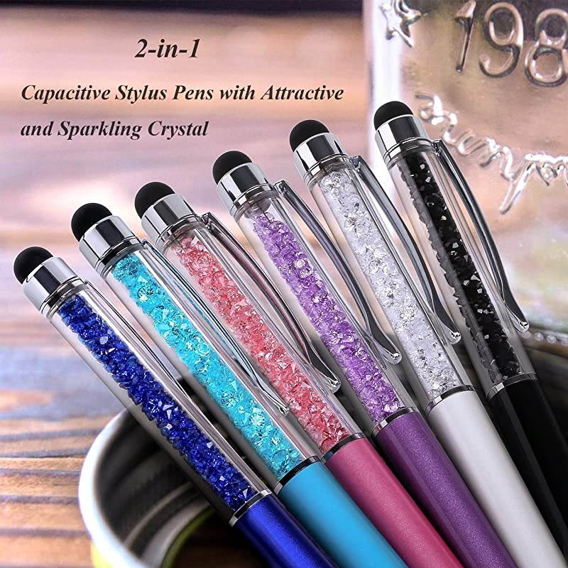 Stylus Pens  6Pcs Crystal 2 in 1 Slim Capacitive Stylus ampBallpoint Pen for Touch Screens iPhone 7 8 Plus x iPad Samsung Galaxy Tablets Sky Blue Pink Purple Royal Blue Black White
