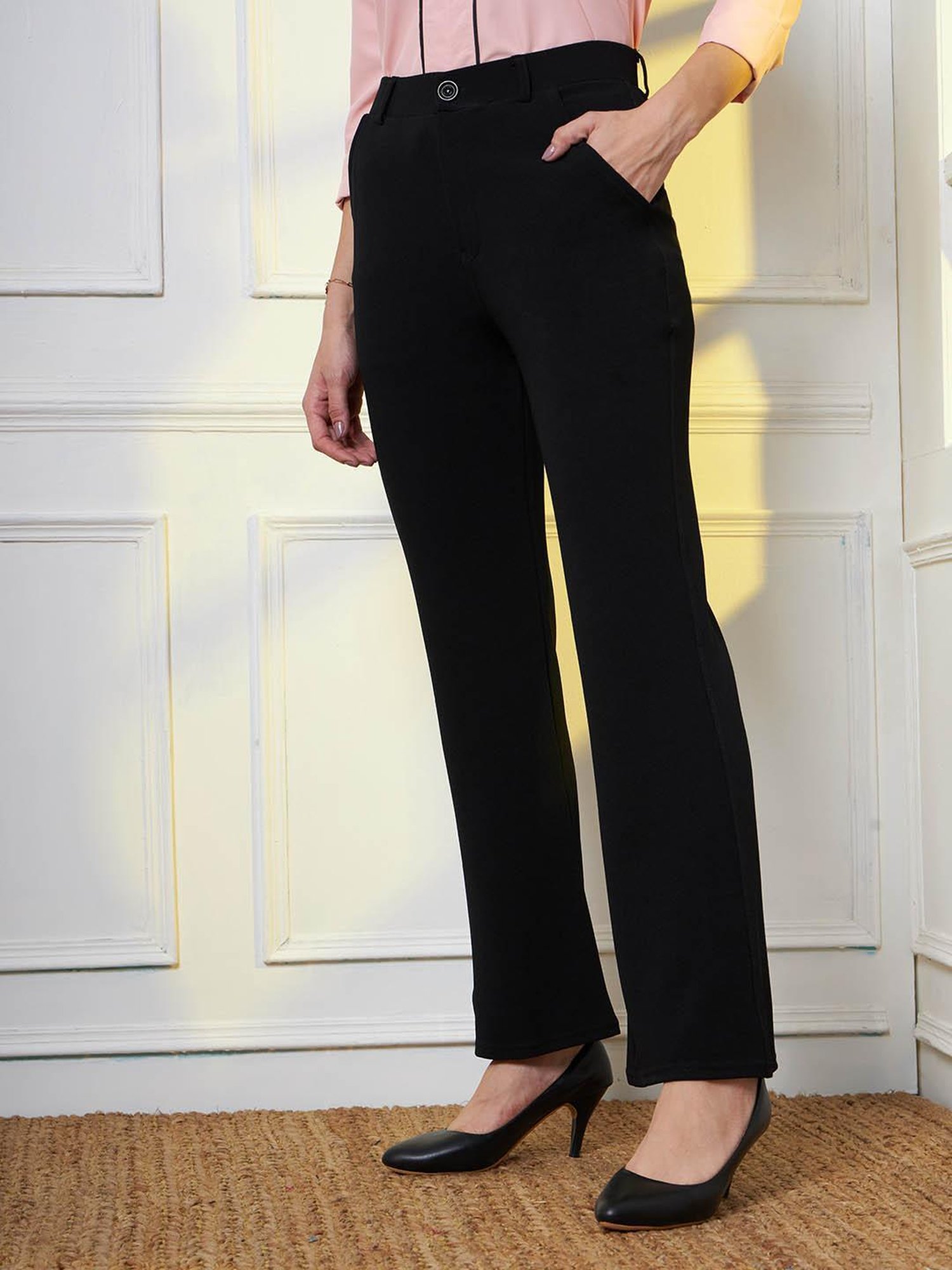 FITHUB Black Regular Fit High Rise Trousers