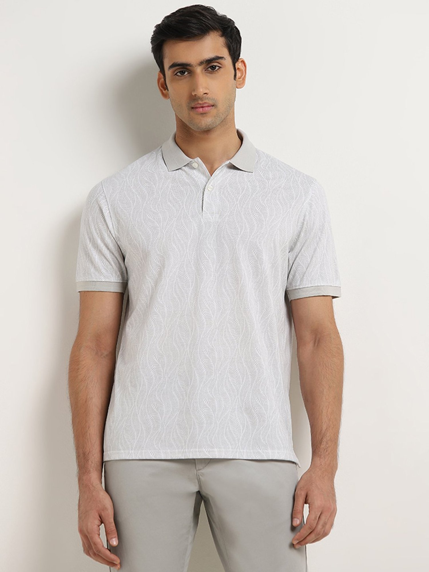WES Casuals by Westside Light Grey Leaf Design Relaxed-Fit Polo T-Shirt