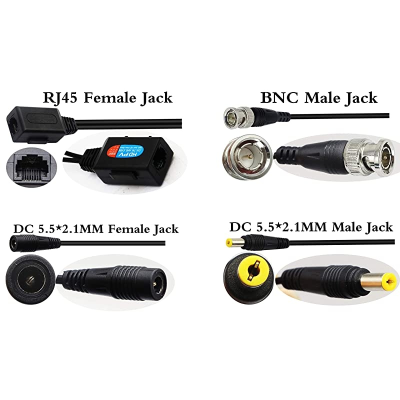 Balun HD Cat5 RJ45 to BNC Video Baluns transceiver Passive with Power Connector for 720P 1080P 3MP 4MP 5MP 8MP HD-CVI/TVI/AHD/CVBS/960H Camera(2 Pairs)