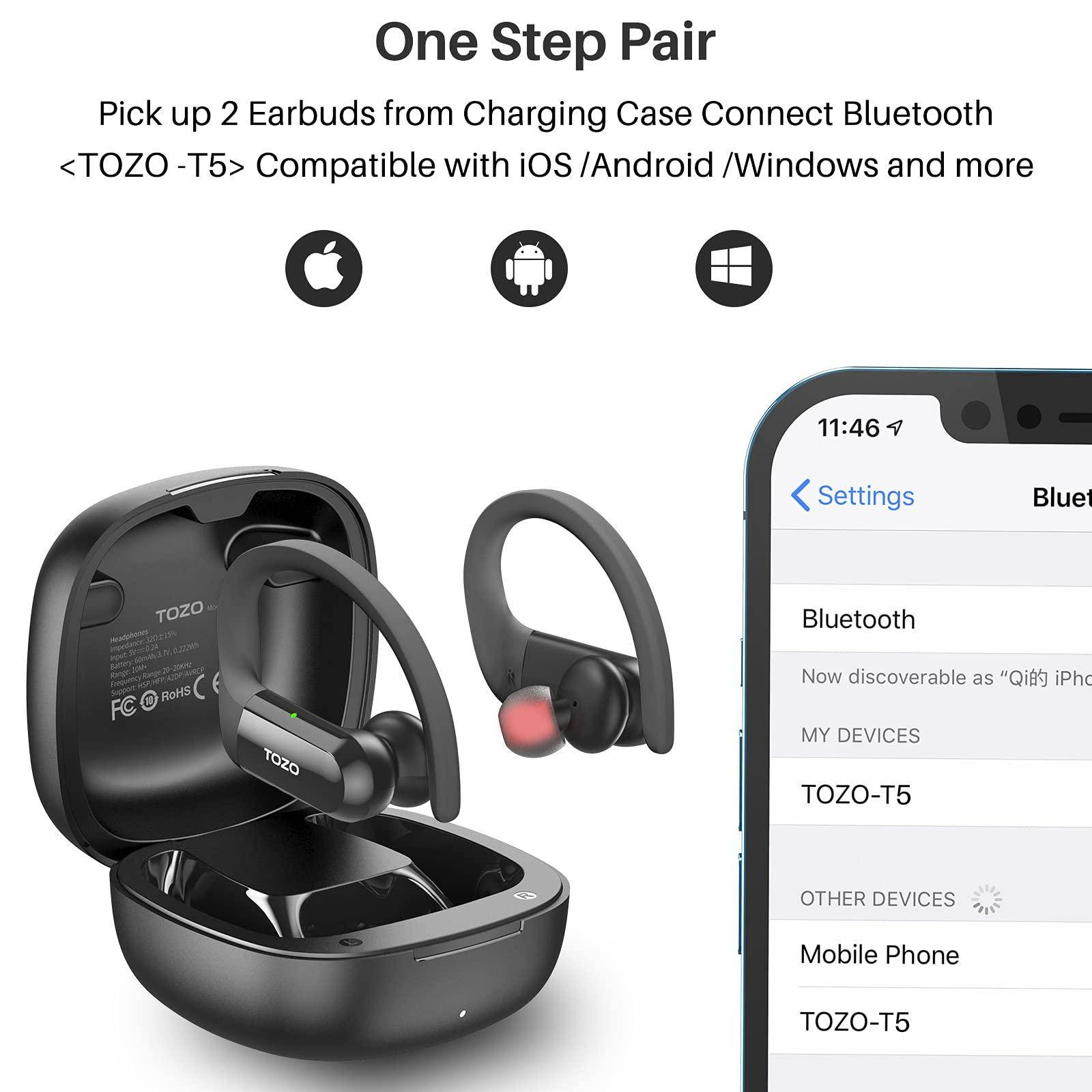 TOZO T5 Bluetooth Headphones True Wireless Earbuds  Sport Earphones Touch Control Headset with Wireless Charging Case Bass Stereo,Built in Mic Sweatproof for Running, Gym, Workout