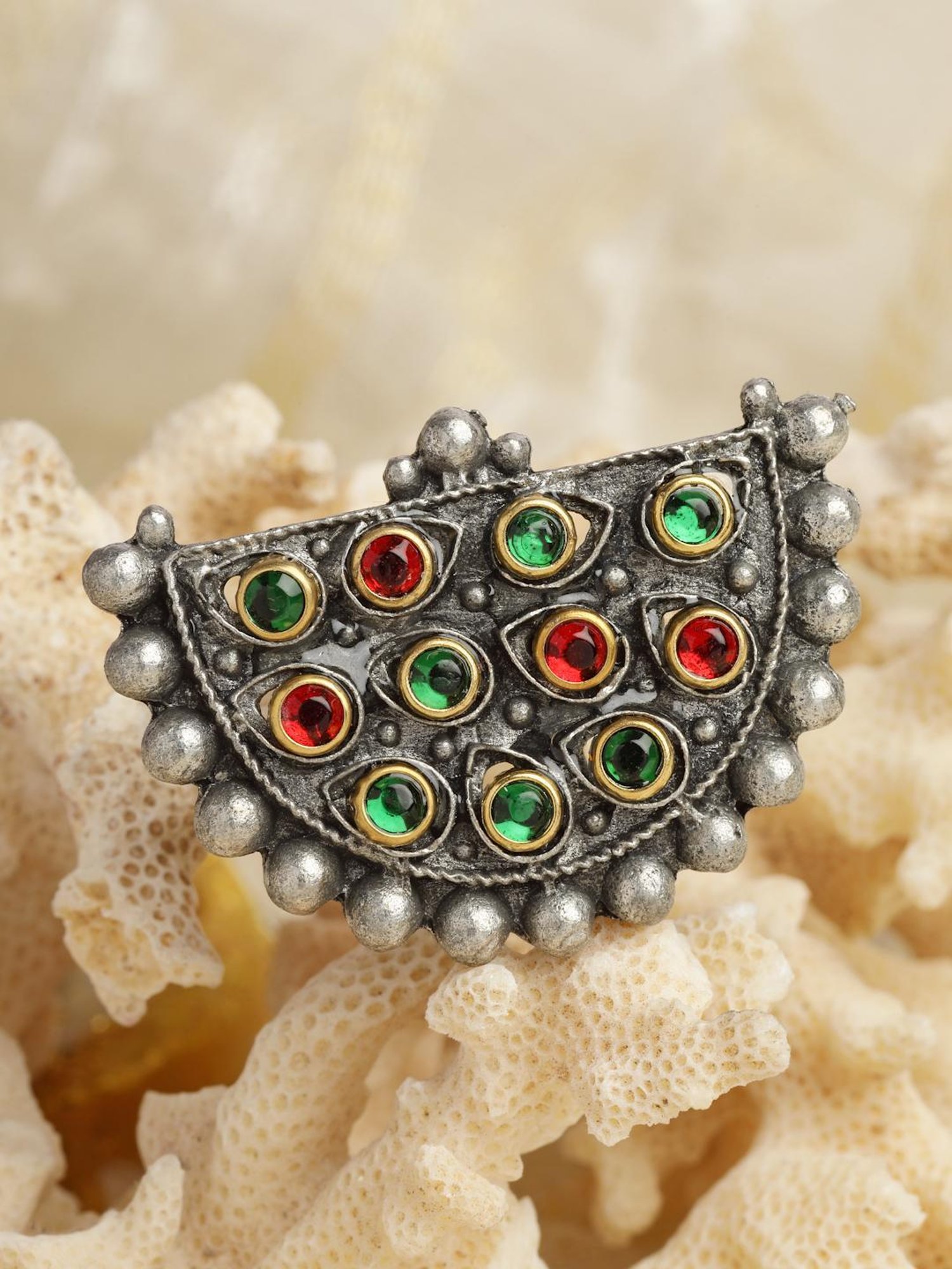 Moedbuille Handcrafted Crystals Studded Antique Tribal Design Oxidised Silver Plated Finger Ring