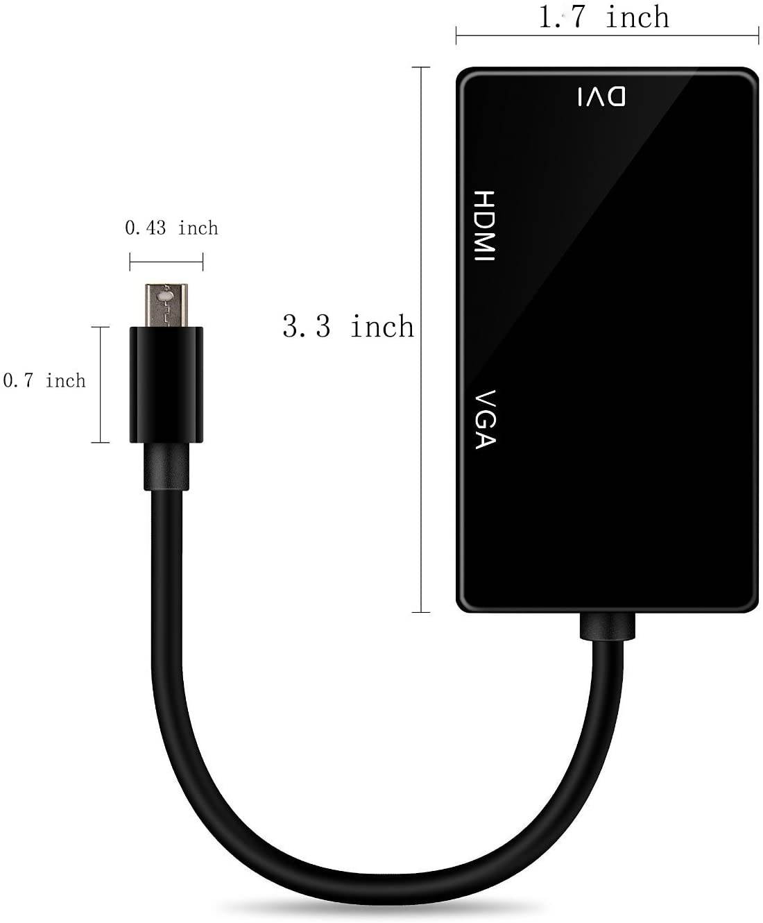 3-in-1 Mini DisplayPort to DVI VGA HDMI TV Adapter Thunderbolt Cable Gold Plated for Apple MacBook Pro/Air, iMac, Mac Mini, Surface Pro, Lenovo, Black