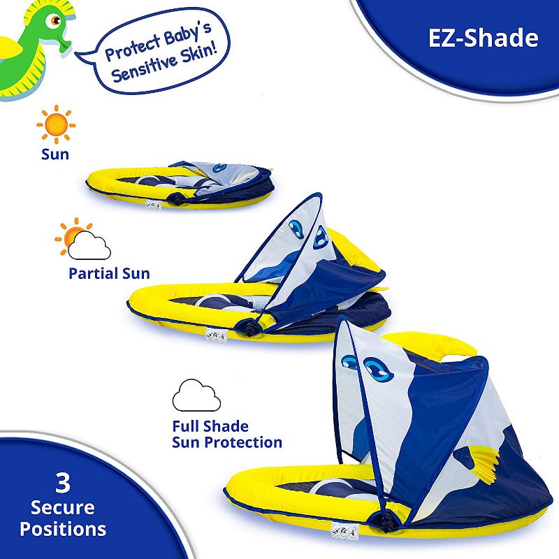 SwimSchool Perfect Fit BabyBoat Level 1 Fish Pool Float with Sunshade Canopy, Dual Air Pillow Chambers, and Adjustable Safety Seat, Navy/White