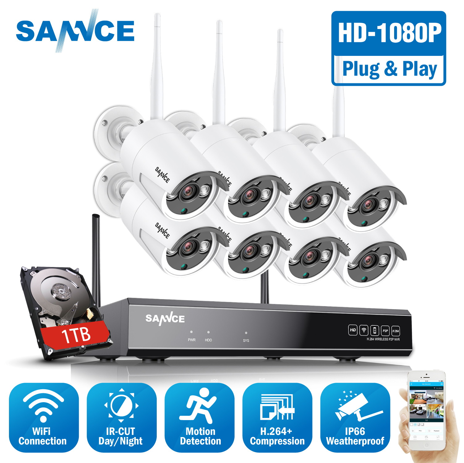SANNCE WiFi 1080P Wireless Security Camera System with 8* 1080P wifi cameras with 1TB HDD (NVR KIT)CCTV kit