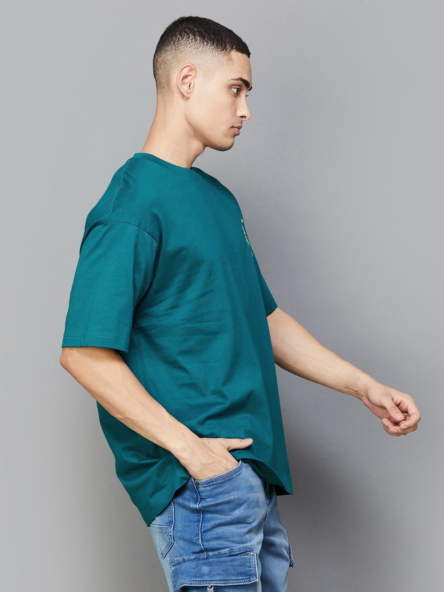 Bossini Teal Cotton Regular Fit Printed T-Shirt