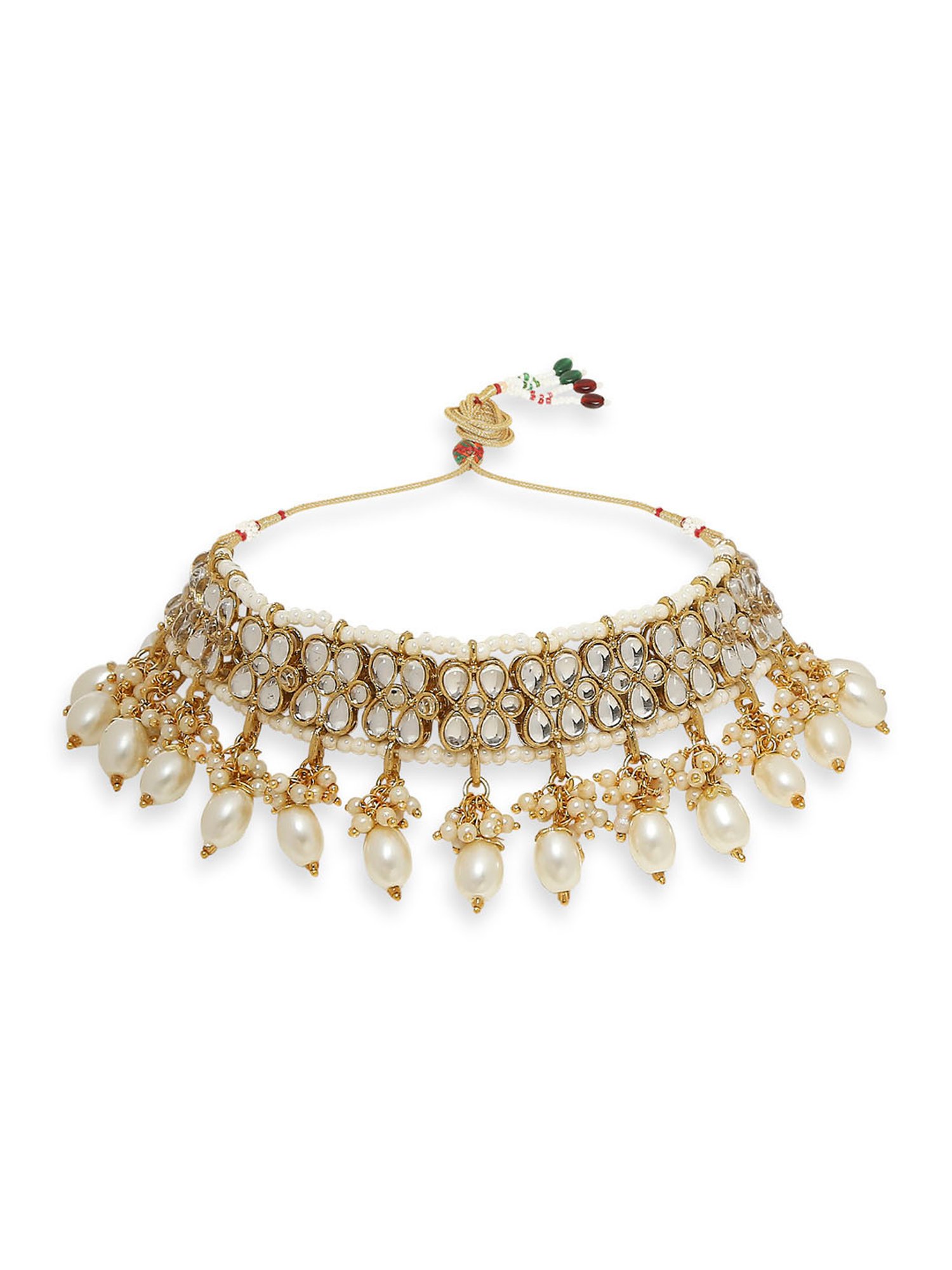 OOMPH Gold Tone Kundan & Pearls Choker Necklace Set with Jhumka Earrings & Maangtikka