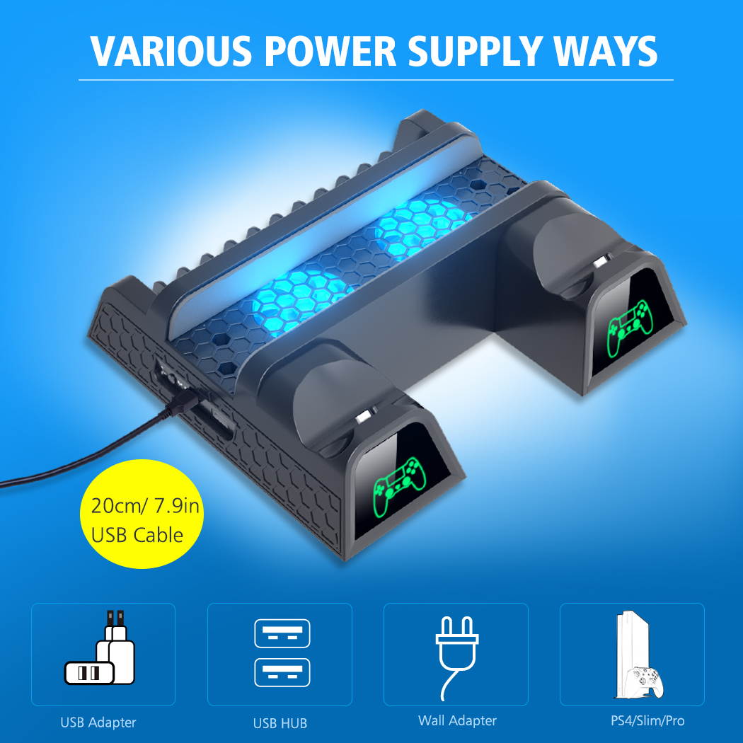 PS4/PS4 Slim/PS4 Pro Dual Controller Charger Console Vertical Cooling Stand Charging Station LED Fan For SONY Playstation 4