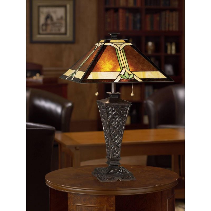 Robert Louis Tiffany Mission Table Lamp Bronze Wicker Pattern Stained Art Glass Shade for Living Room Family Bedroom Bedside