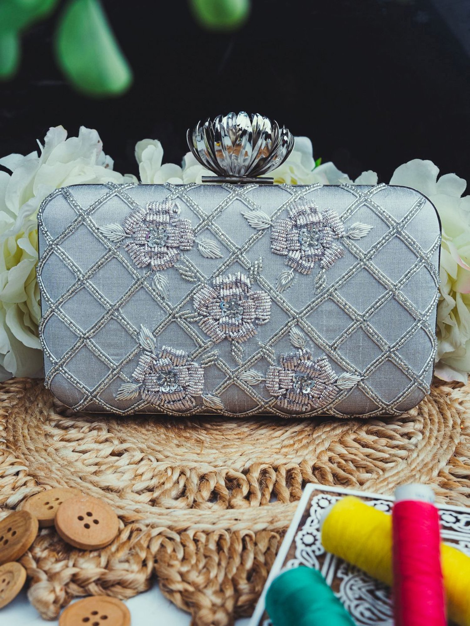 NR by Nidhi Rathi Silver Fabric Minaudiere Clutch