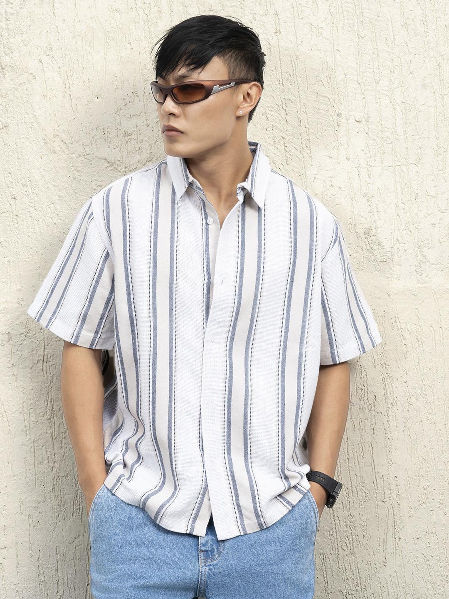 Hubberholme Men Cotton Short Sleeves Oversized Striped Shirt 12