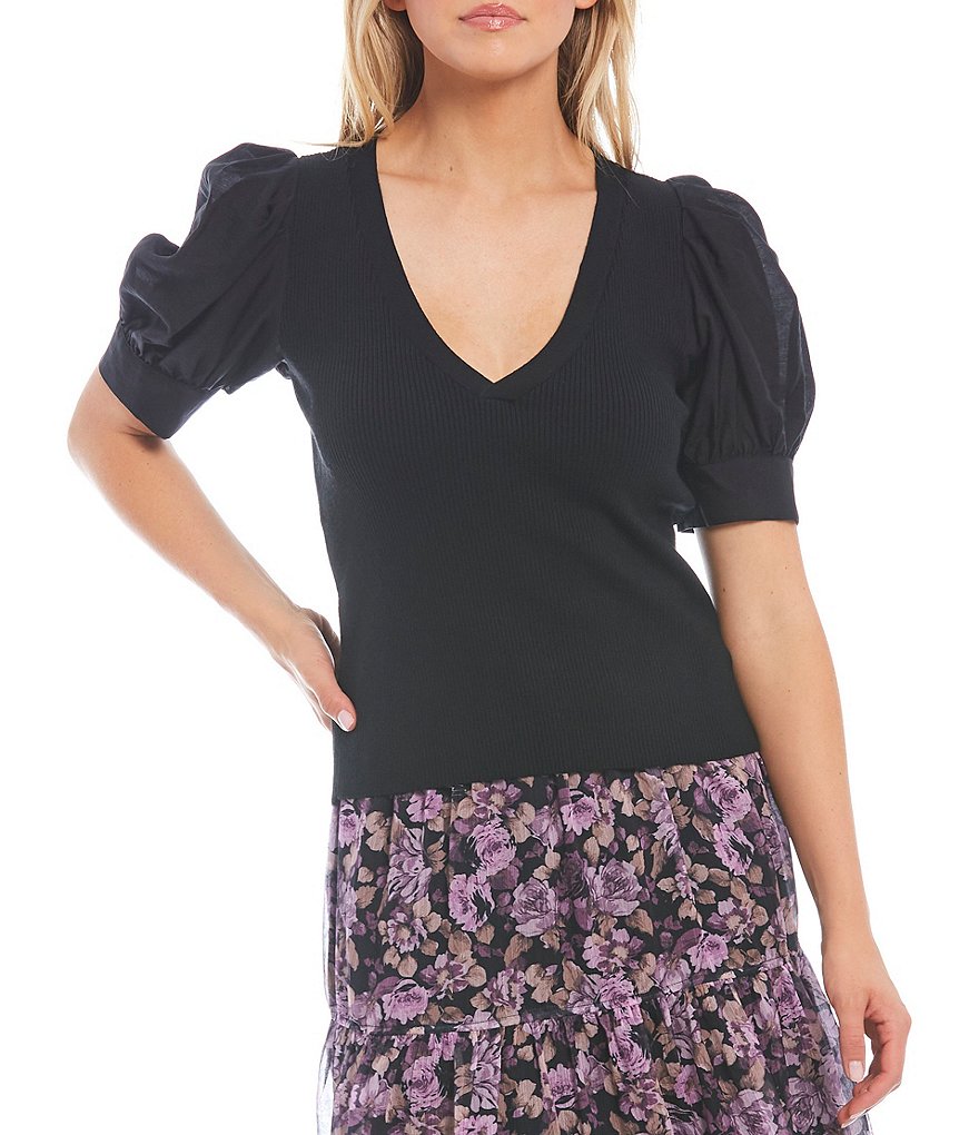 Lucy Paris Alaska V-Neck Puff Sleeve Mixed Media Top