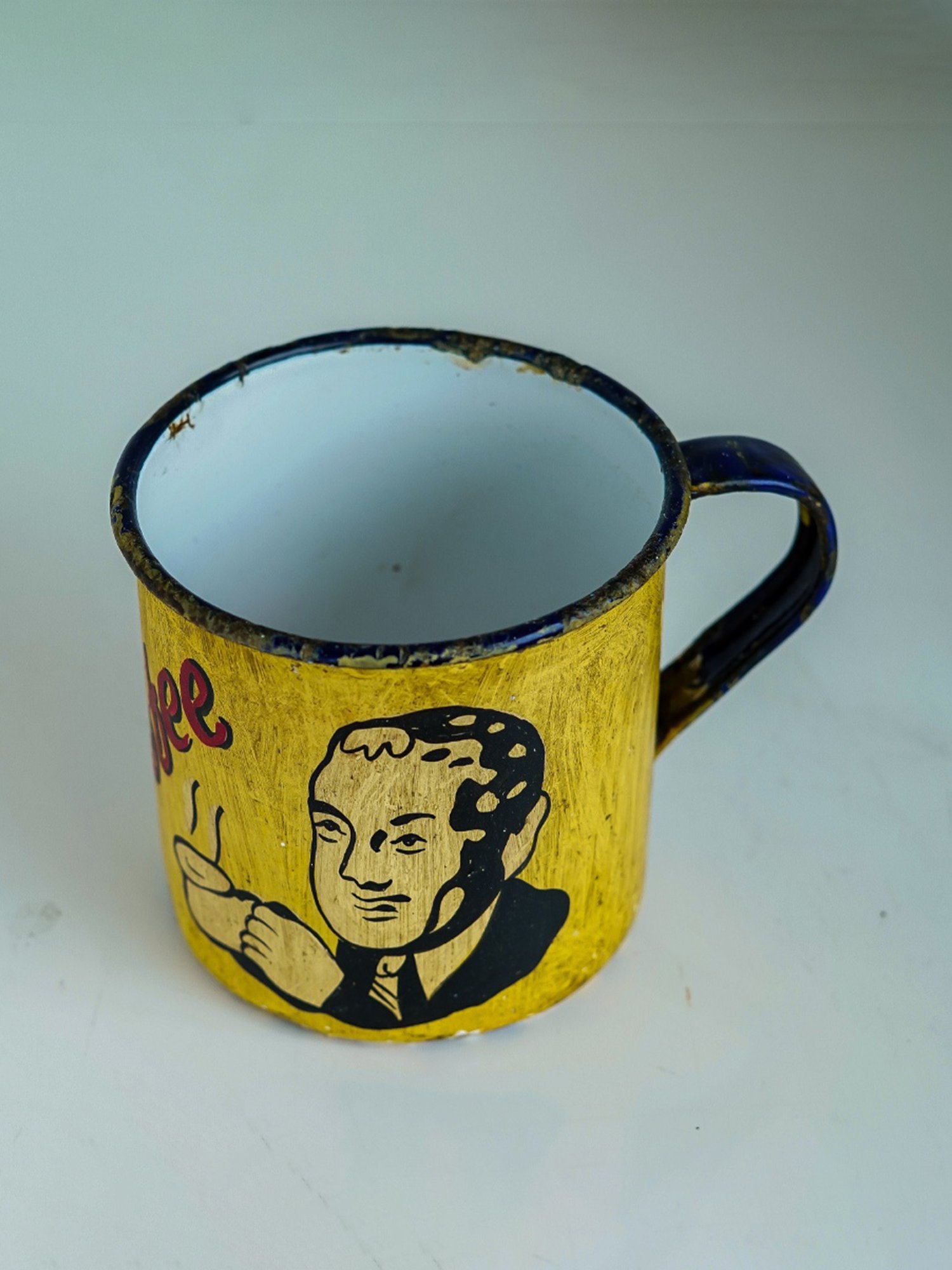 Artisans Rose Hand-painted Blue & Yellow Enamel Vintage Mugs - Set of 2