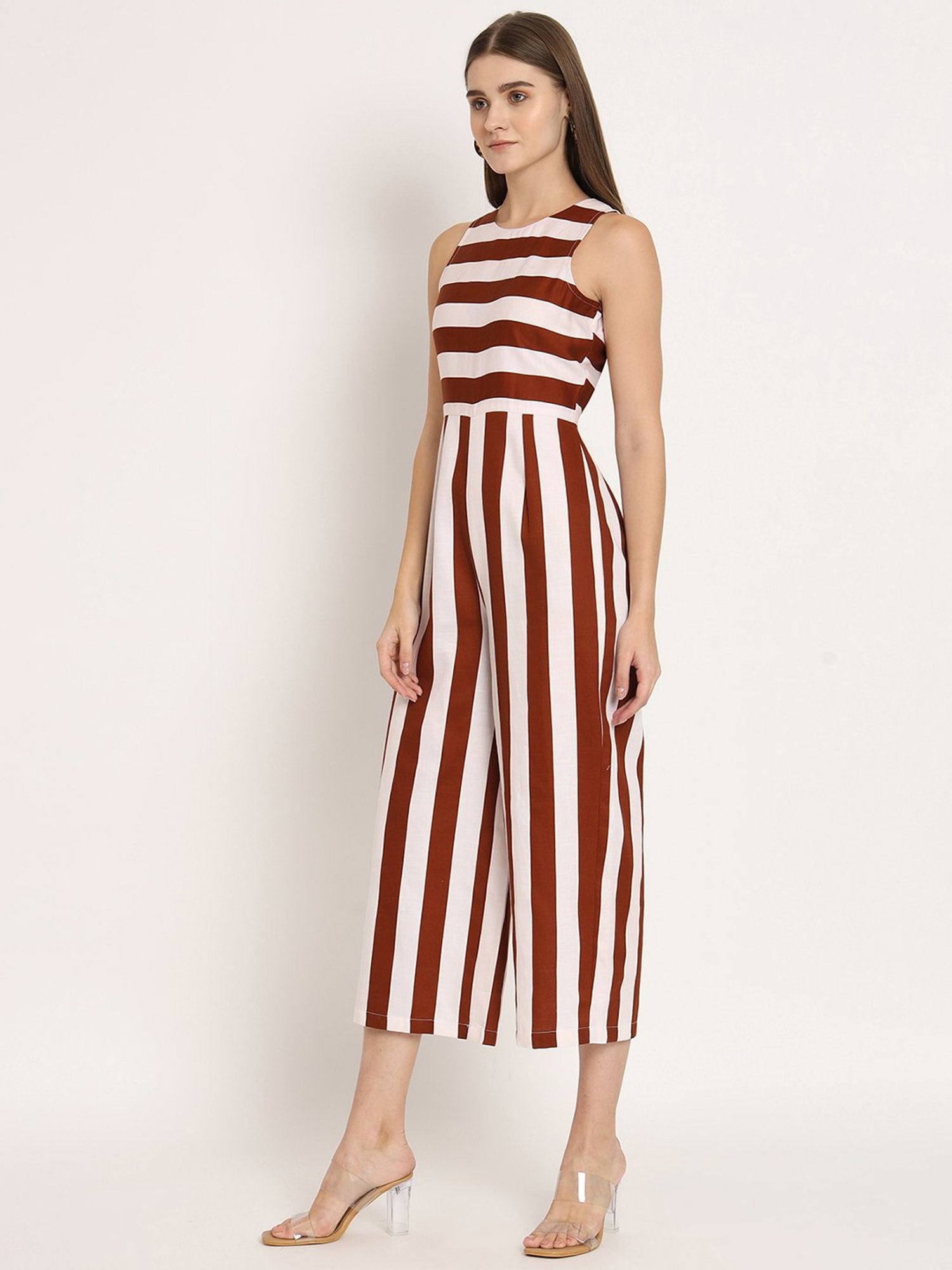 Moomaya Brown & White Striped Jumpsuit