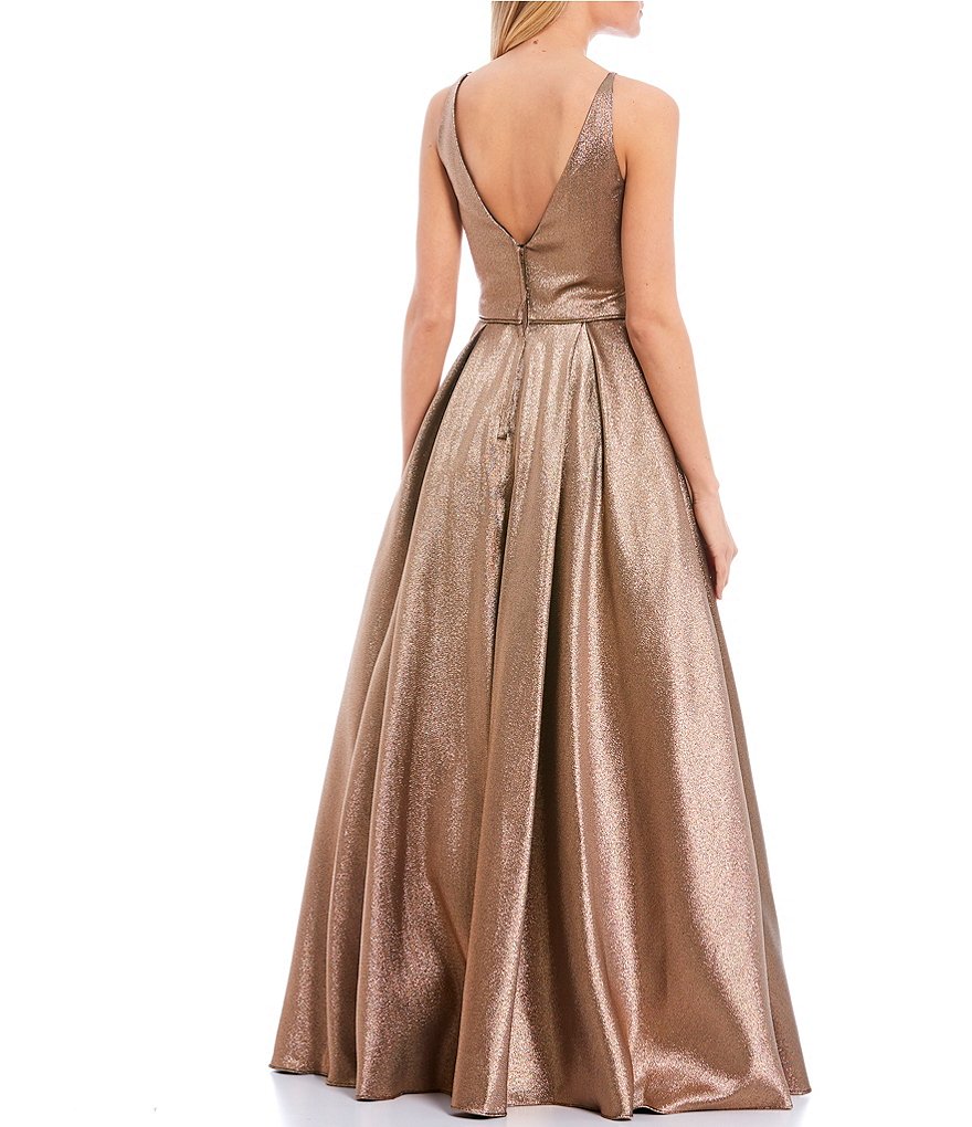 Blondie Nites Spaghetti Strap V-Neck Metallic Satin Ball Gown