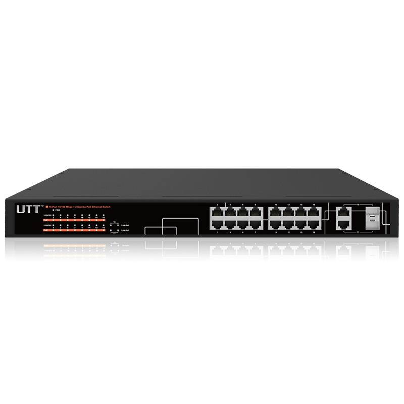 UTT S1162P 16-Port Unmanaged Fast Ethernet PoE Switch, 16 PoE Ports 260W, 802.3af/at, Additional 2-Combo Ports Gigabit for Uplinks, Ideal for IP Cameras