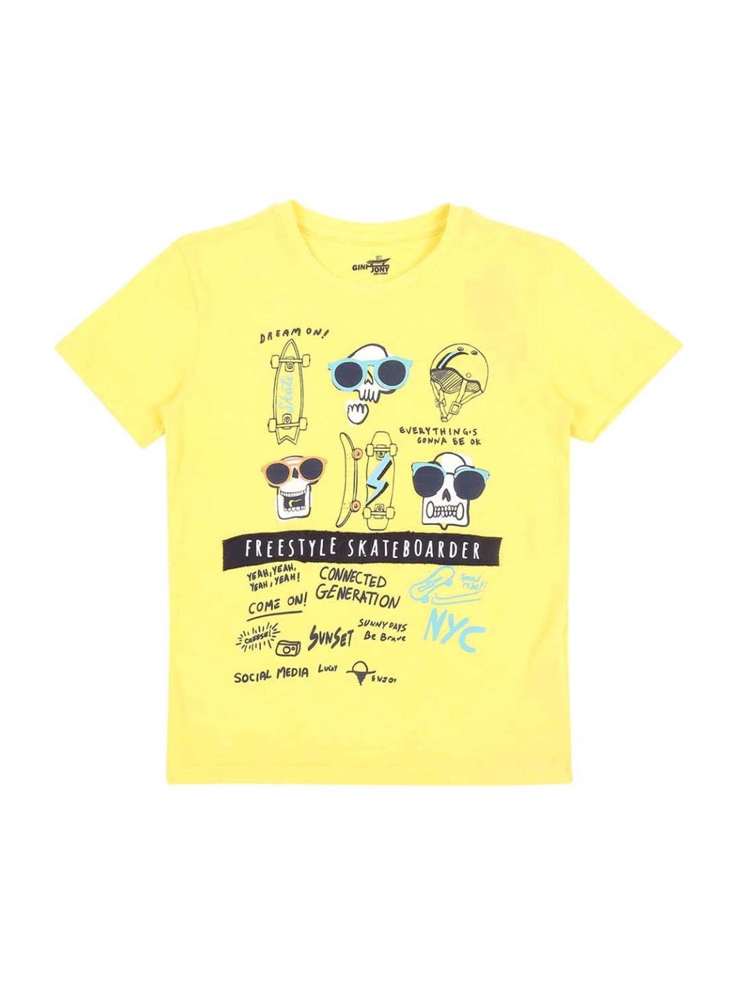 Gini & Jony Boys Yellow Cotton Printed T-Shirt
