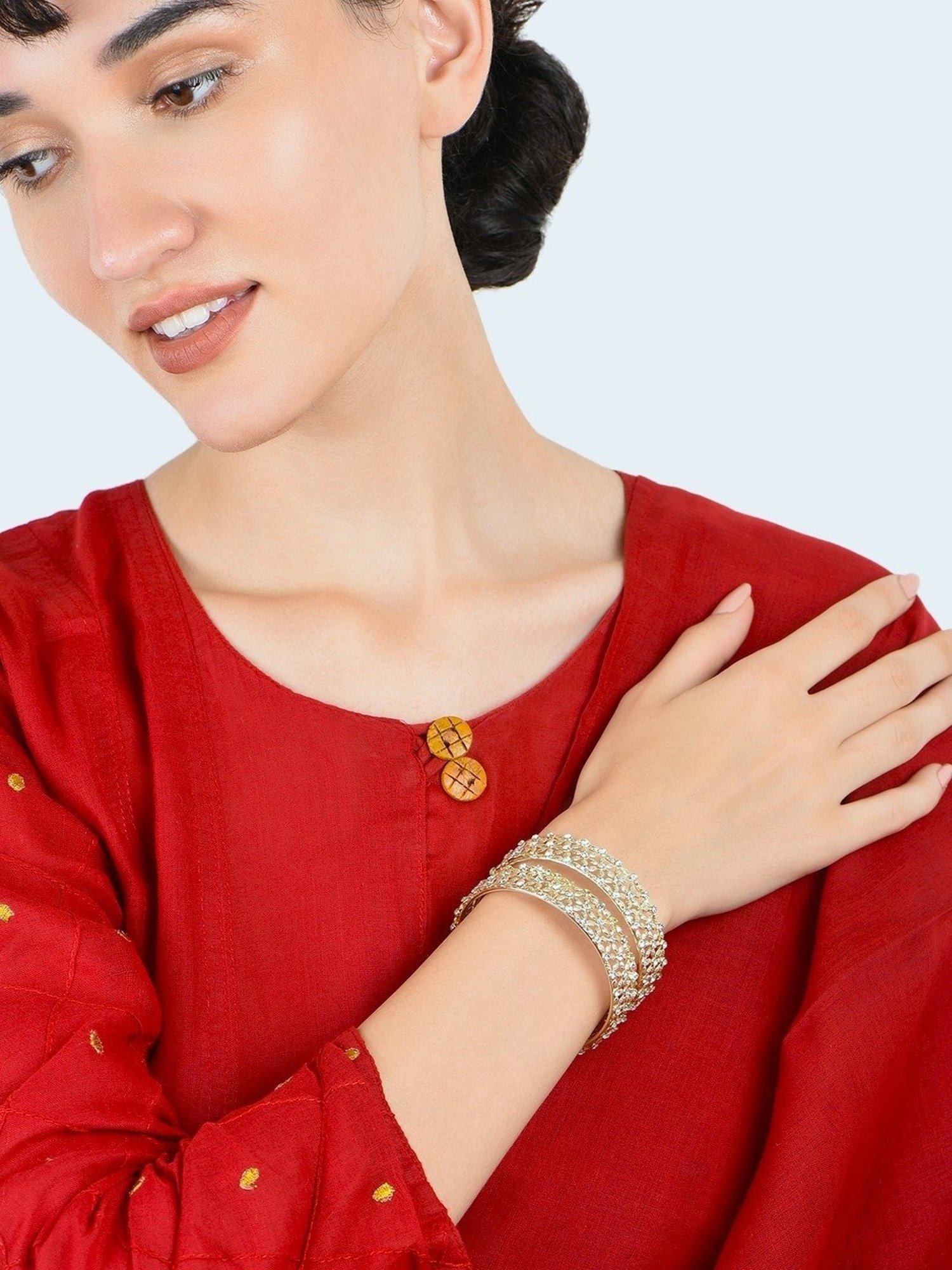 ToniQ Classy Gold-Plated Floral Cz Stone Studded Ethnic Bangle - Set of 2