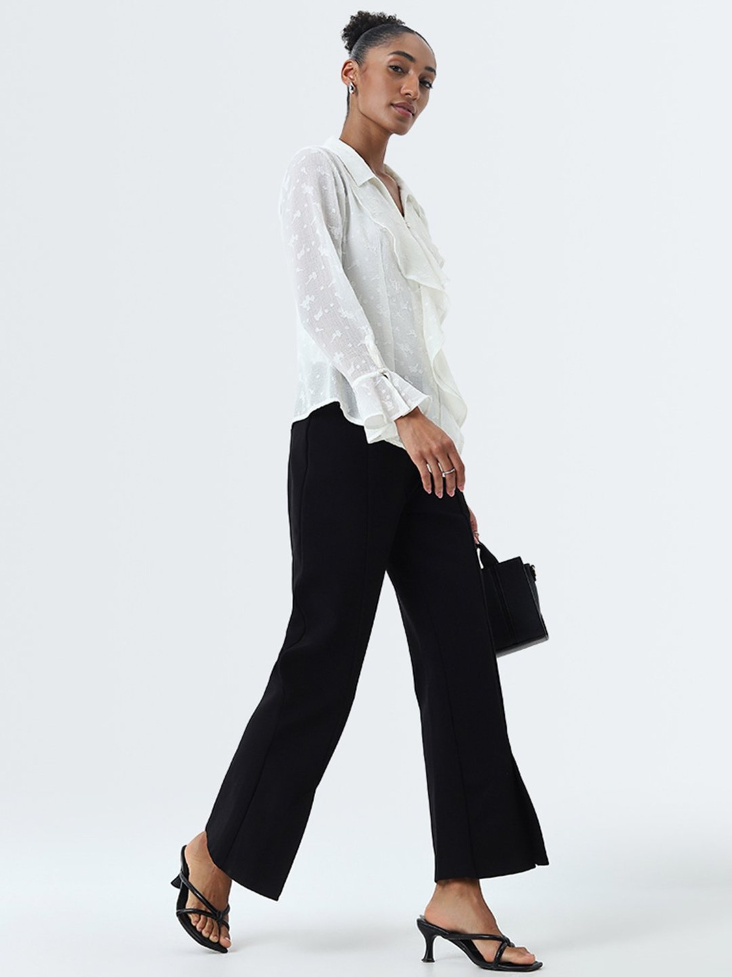 Wardrobe by Westside Ivory Ruffled Self-Patterned Top